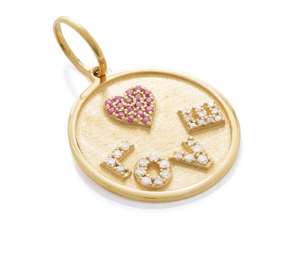 All out love and a cherry on top is coming your way with this necklace from our Ilrey collection.

A round 18k yellow gold tag is adorned with a pave ruby heart and pave diamond love wording and hangs on our delicate 14k yellow gold chain. Matched