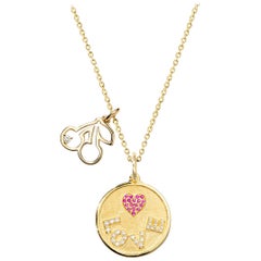 Diamond and Ruby 18K Love Tag Pendant with Cherry  Necklace