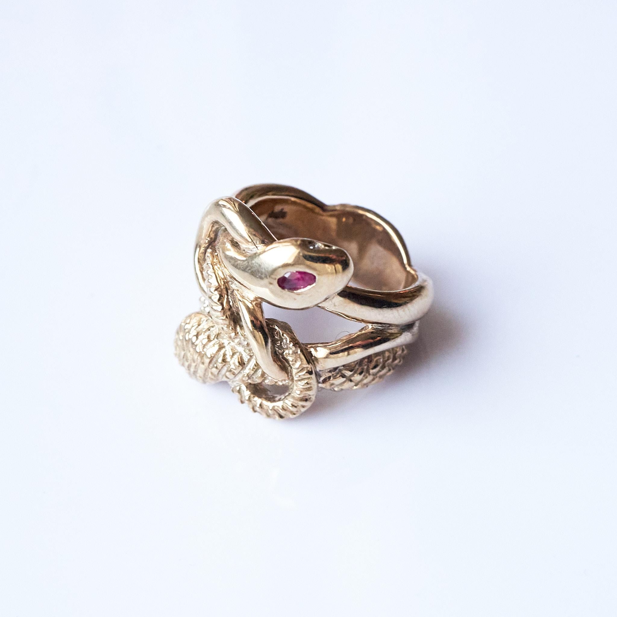 Victorian Ruby Marquis White Diamond Emerald 18 Carat Gold Snake Ring Animal J Dauphin For Sale