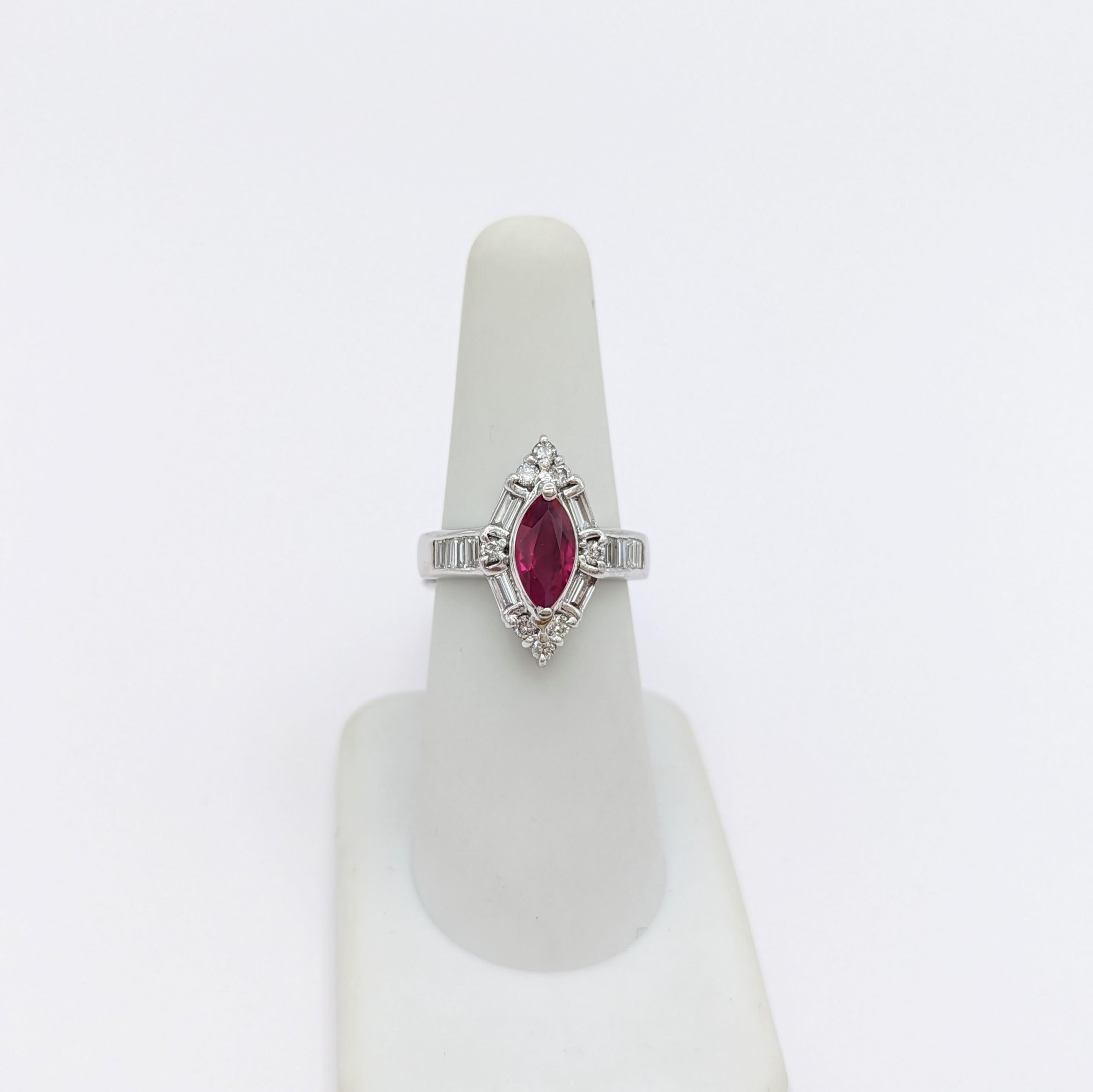 Ruby Marquise and White Diamond Ring in Platinum In New Condition For Sale In Los Angeles, CA