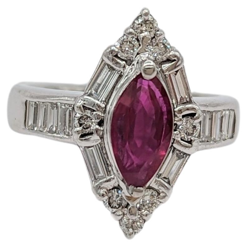 Ruby Marquise and White Diamond Ring in Platinum For Sale