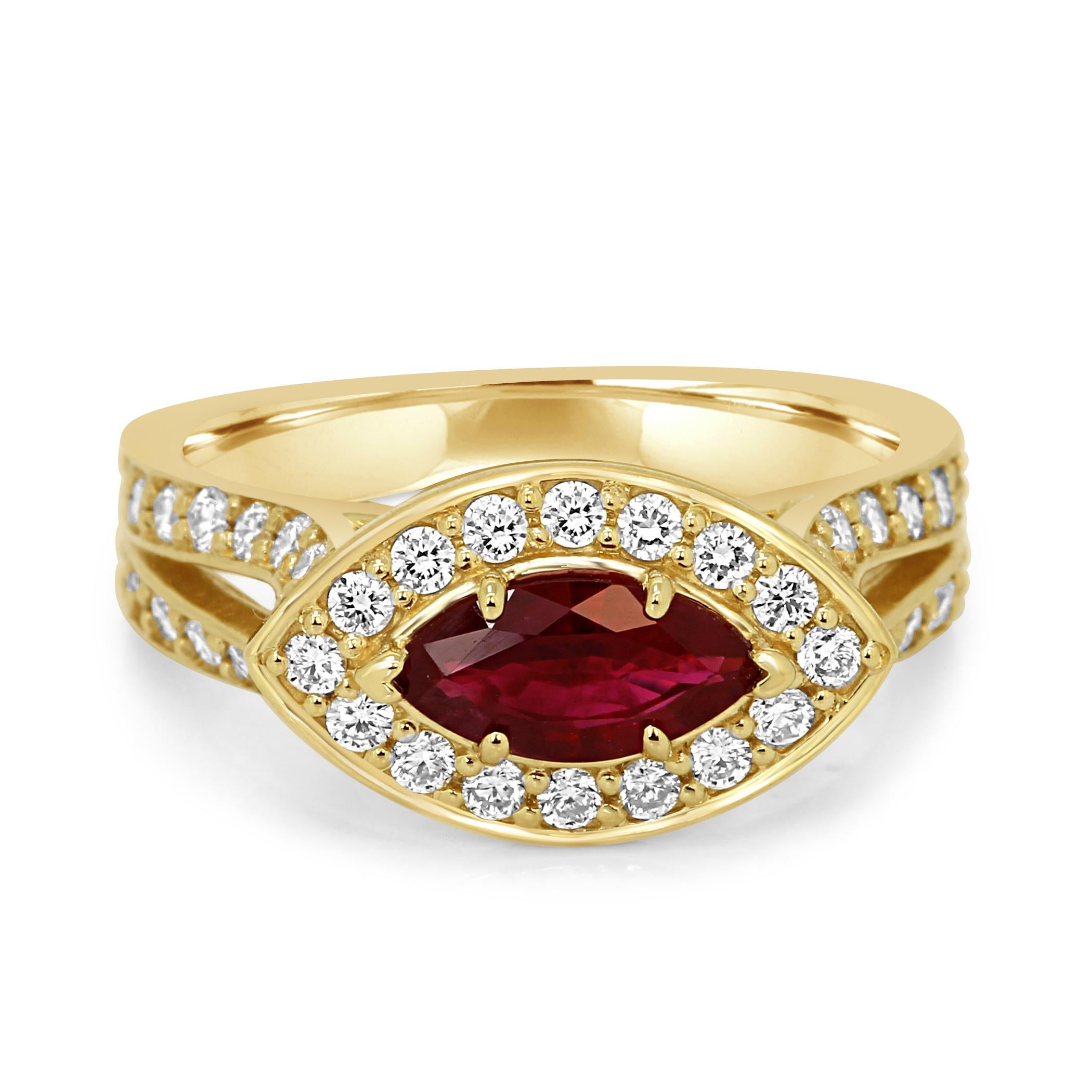 Beautiful Ruby Marquise 0.85 Carat Set in East West Direction adorned with a single Halo of White Round Diamonds 0.71 Carat in Diamond Studded split shank 14K Yellow Gold Bridal Fashion Ring.

Style available in different price ranges. Prices are
