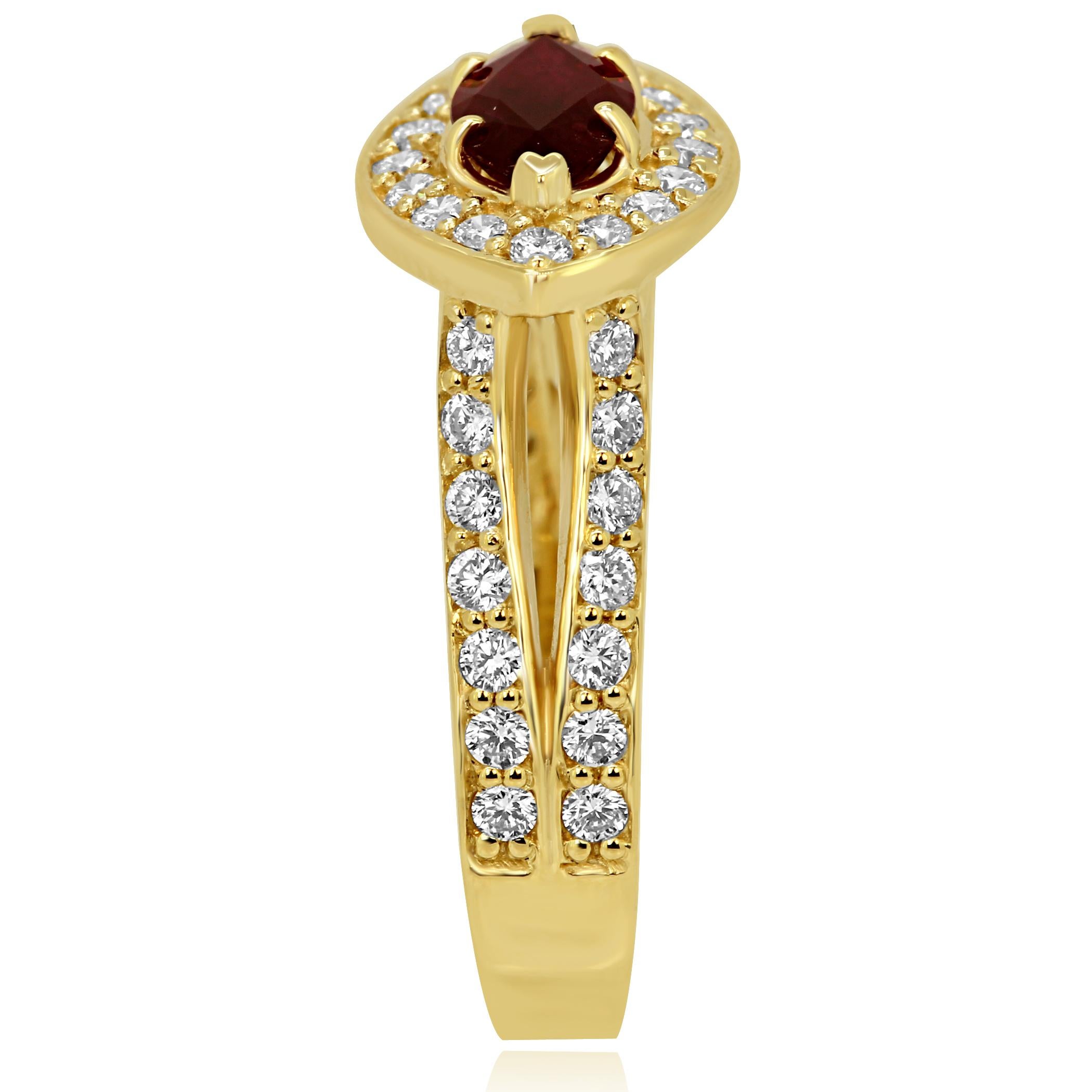 Contemporary Ruby Marquise White Diamond Round Halo Yellow Gold Bridal Fashion Cocktail Ring