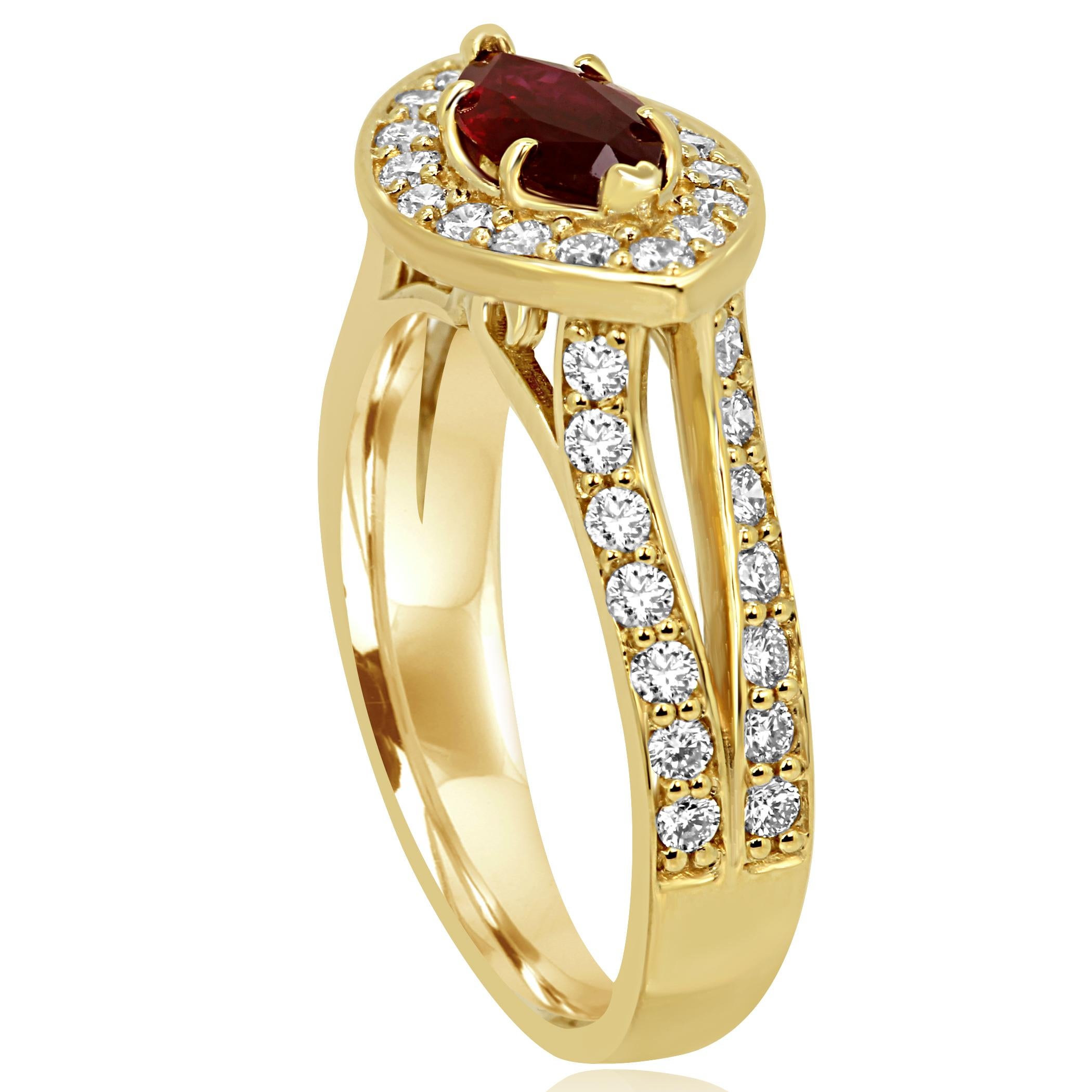 Marquise Cut Ruby Marquise White Diamond Round Halo Yellow Gold Bridal Fashion Cocktail Ring