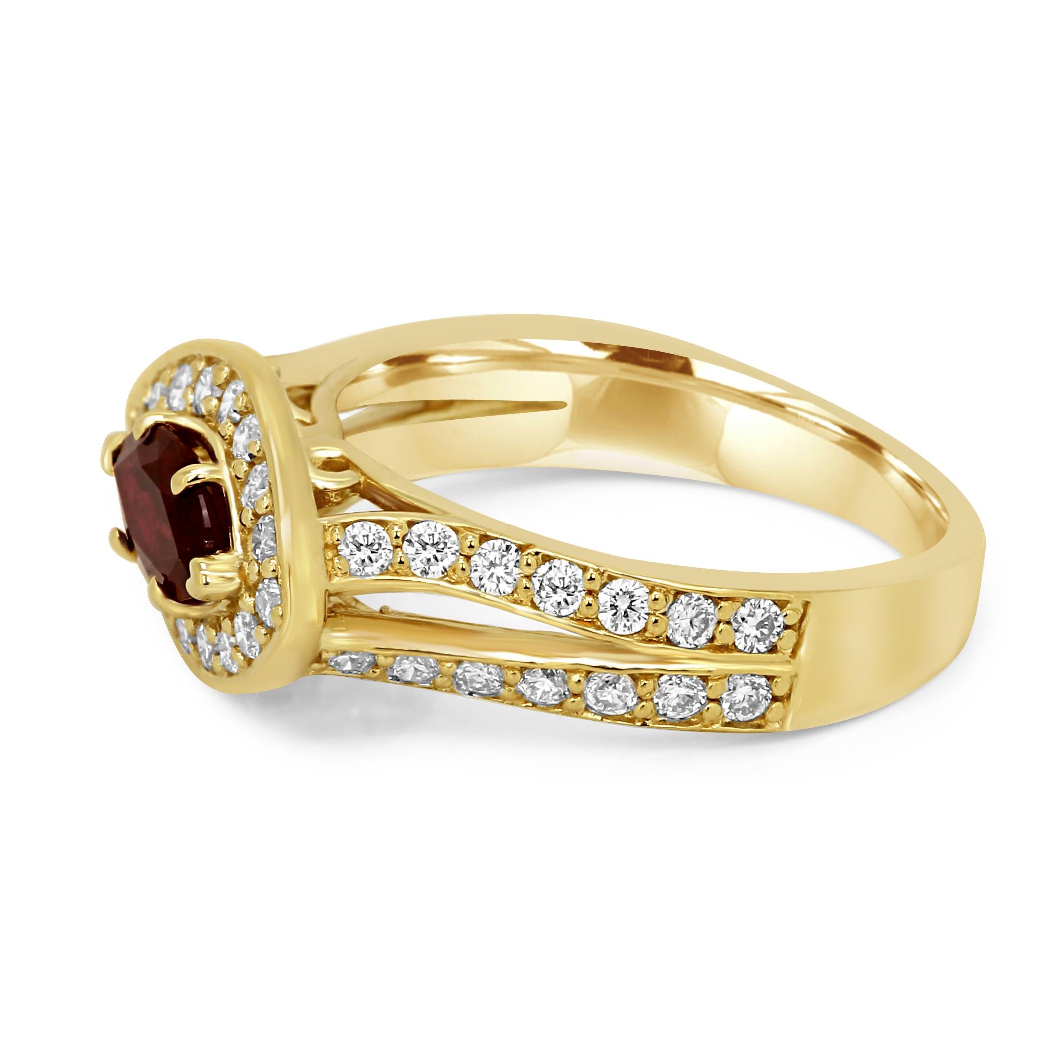 Ruby Marquise White Diamond Round Halo Yellow Gold Bridal Fashion Cocktail Ring In New Condition In NEW YORK, NY