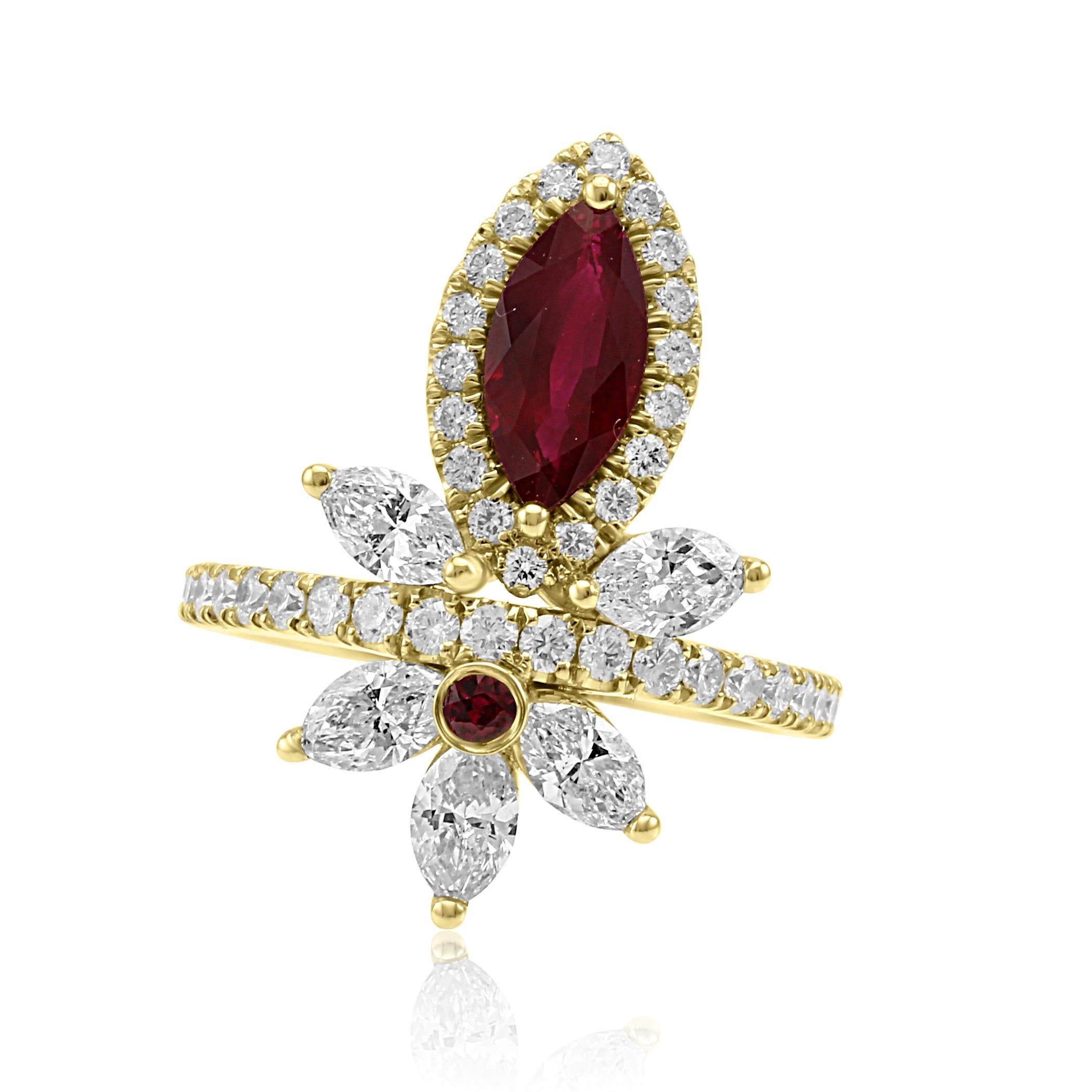 Gorgeous Ruby Marquise 1.17 Carat encircled in a halo of Colorless VS-SI Diamonds 0.79 carat set with 5 Colorless SI Diamond Marquises 1.00 Carat and Ruby Round 0.05 Carat in 18K Yellow Gold One of a Kind Fashion Cocktail Ring. 3.01 Carat total