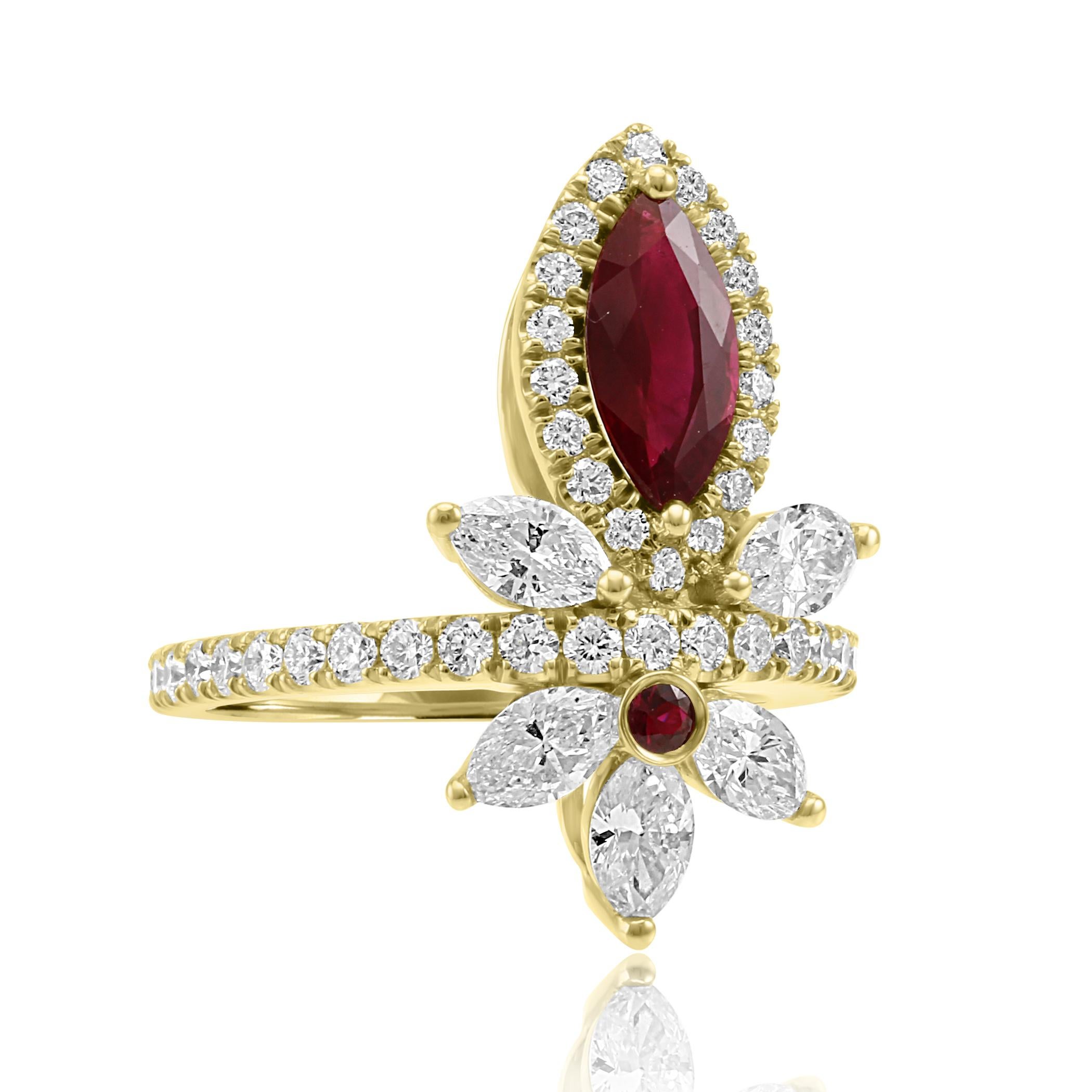 Contemporary Ruby Marquise Diamond Round Halo Yellow Gold Cocktail Fashion Ring