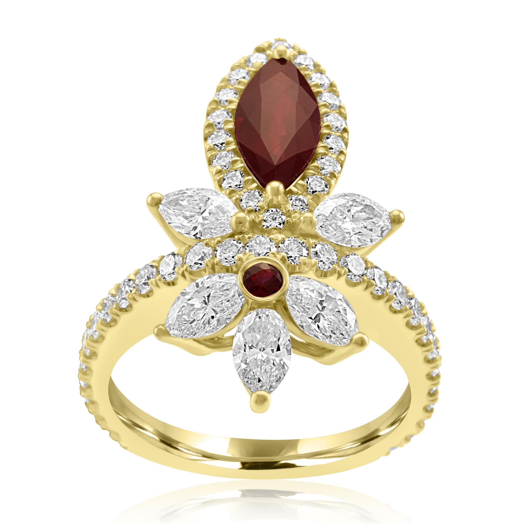 Marquise Cut Ruby Marquise Diamond Round Halo Yellow Gold Cocktail Fashion Ring