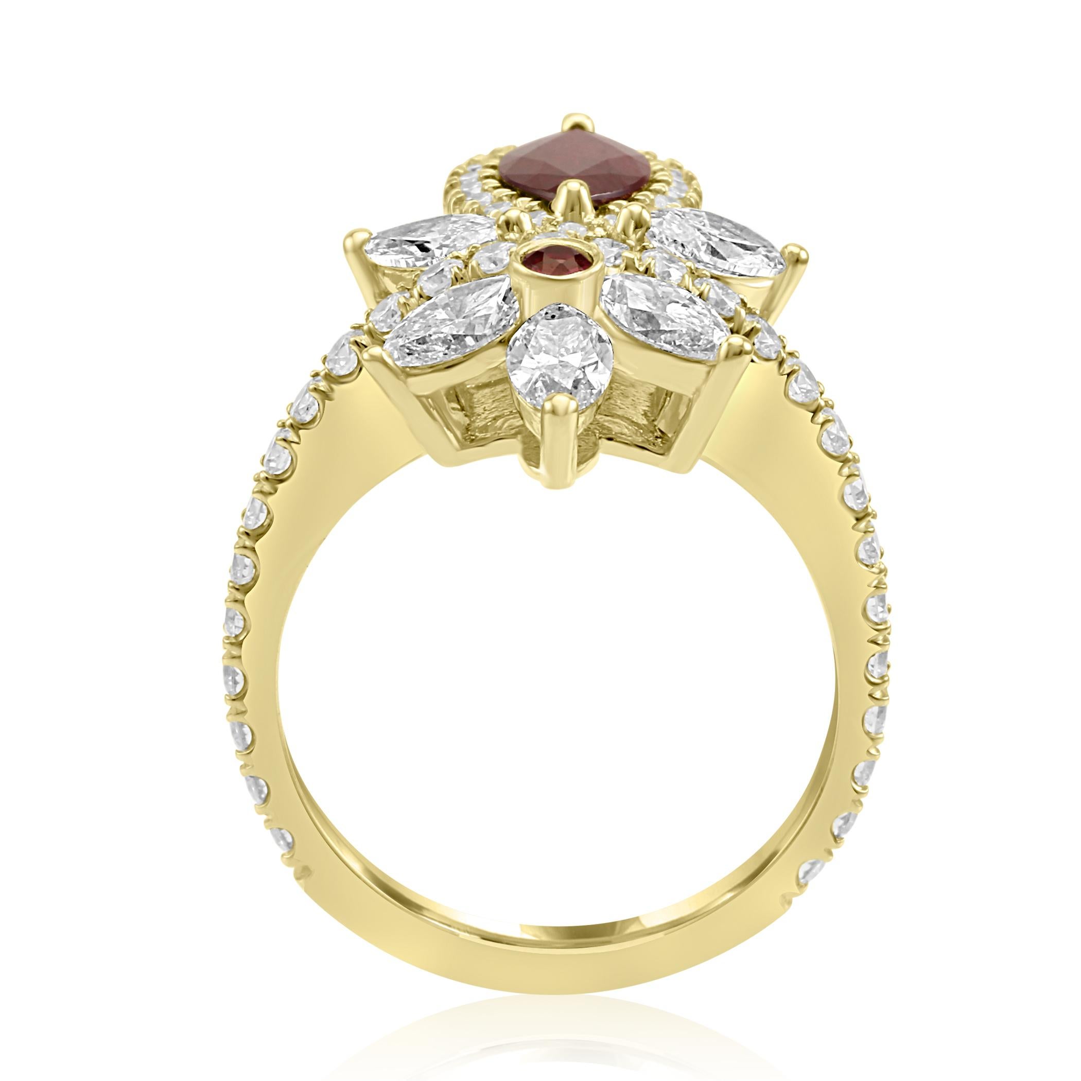 Ruby Marquise Diamond Round Halo Yellow Gold Cocktail Fashion Ring In New Condition In NEW YORK, NY