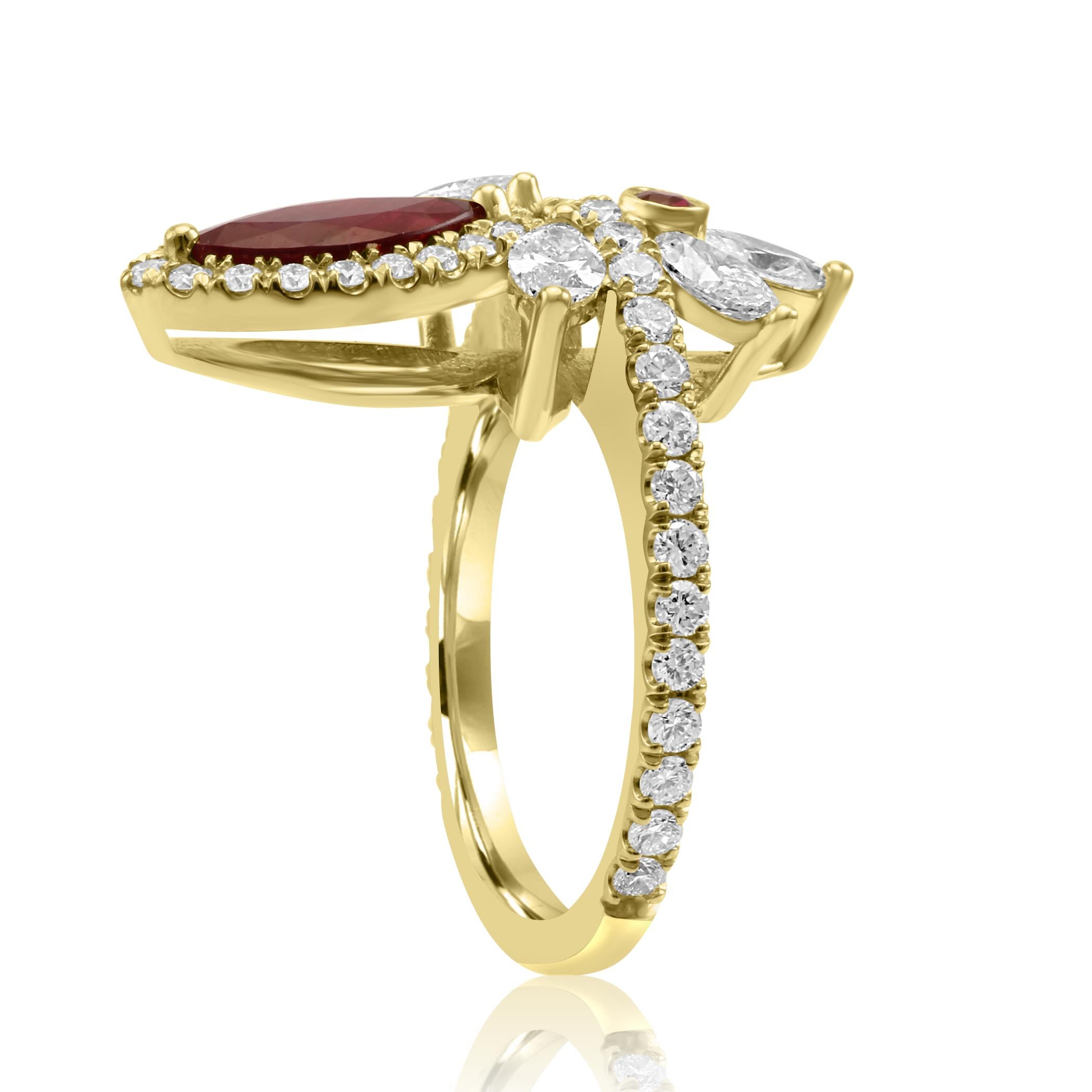 Women's or Men's Ruby Marquise Diamond Round Halo Yellow Gold Cocktail Fashion Ring