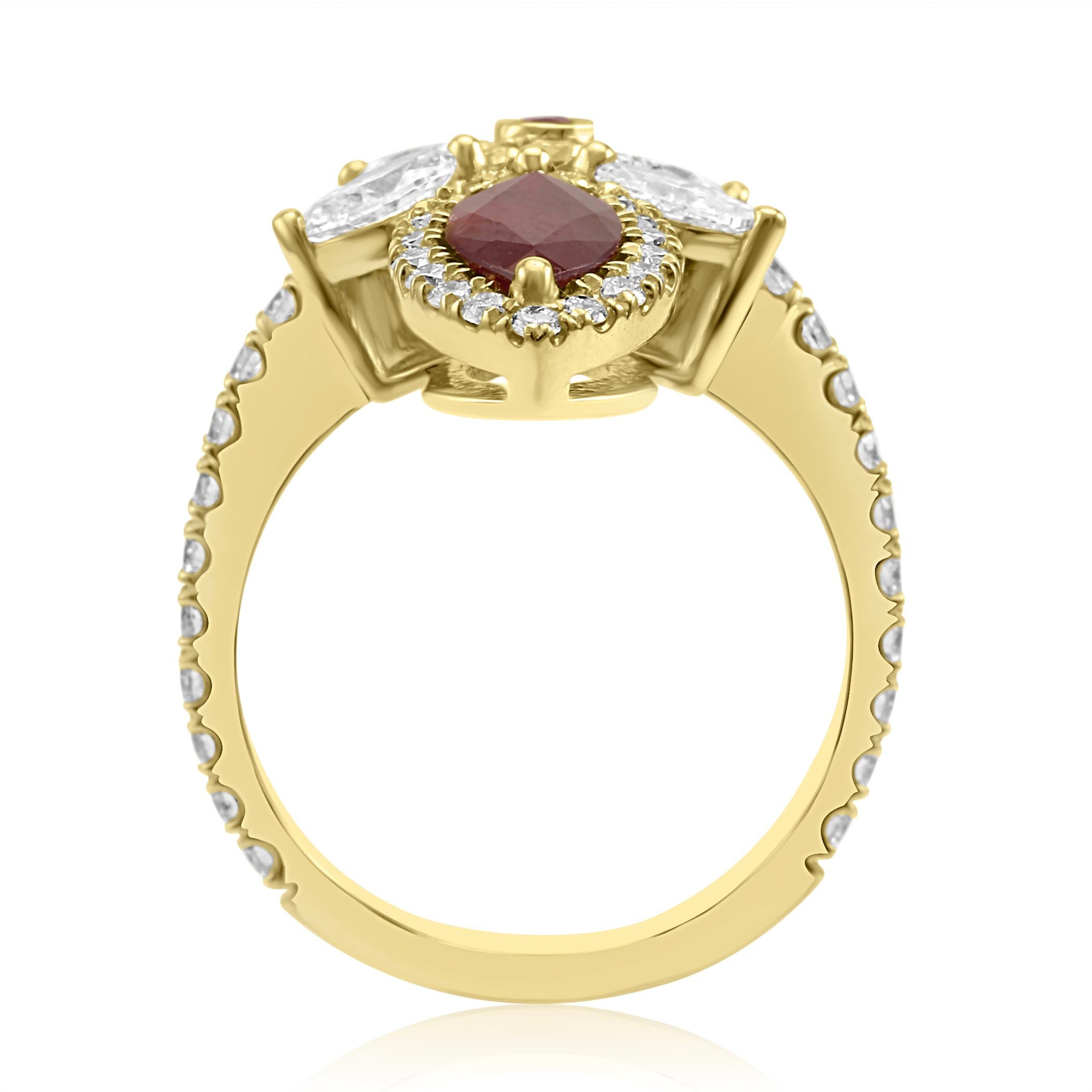 Ruby Marquise Diamond Round Halo Yellow Gold Cocktail Fashion Ring 1