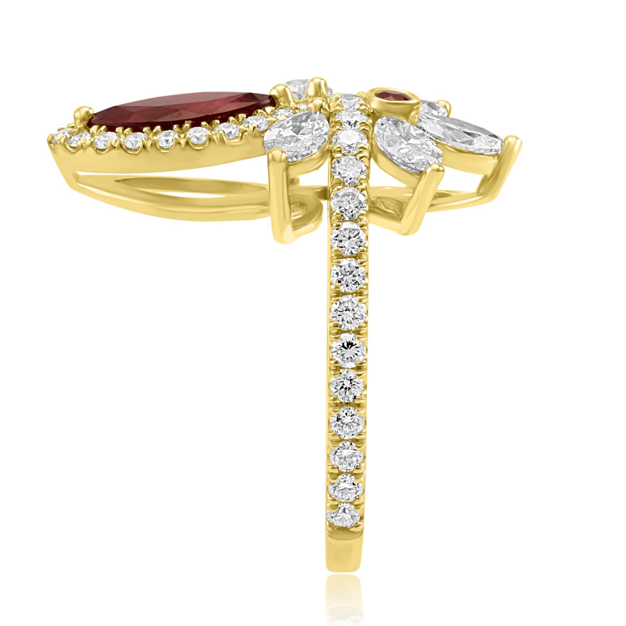 Ruby Marquise Diamond Round Halo Yellow Gold Cocktail Fashion Ring 2