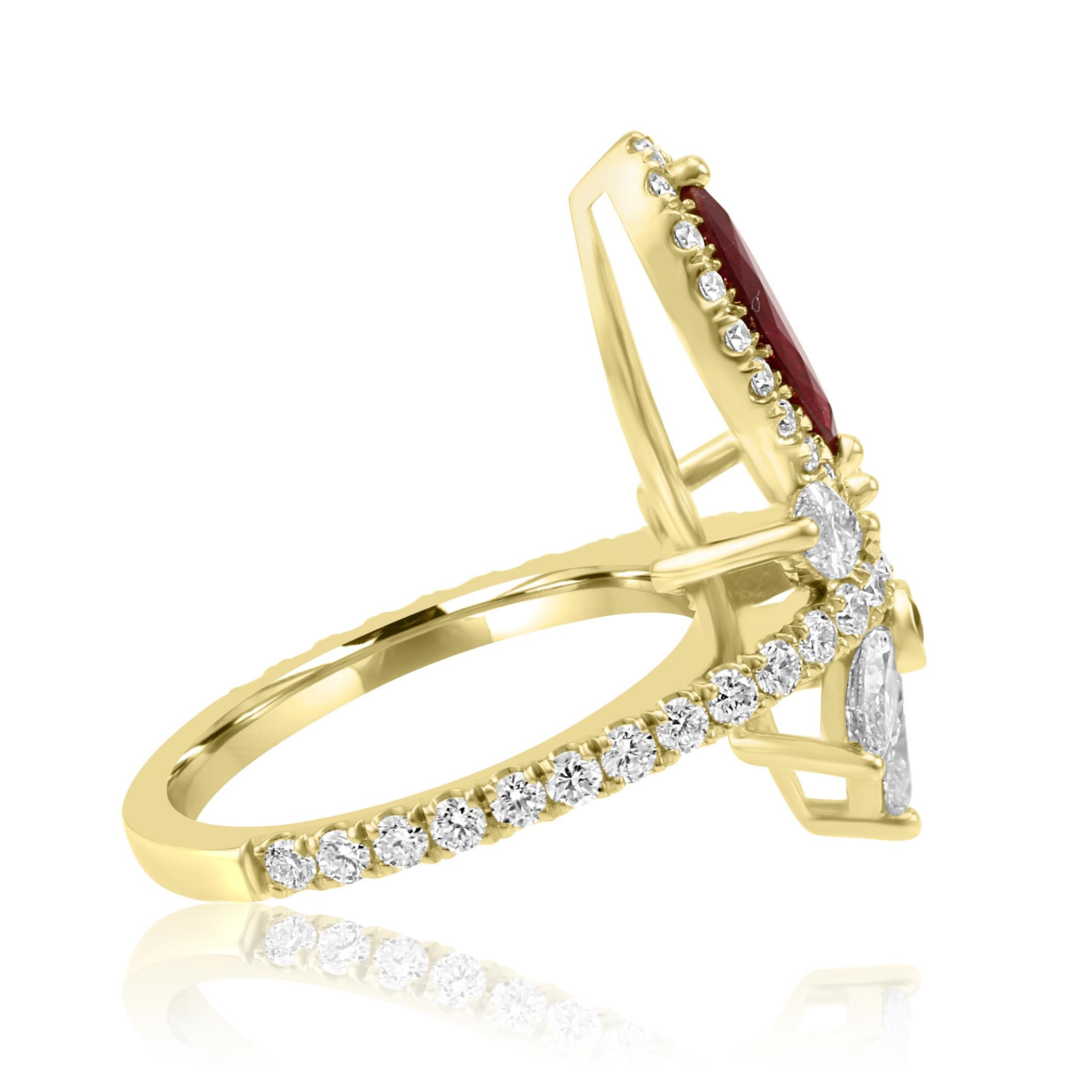 Ruby Marquise Diamond Round Halo Yellow Gold Cocktail Fashion Ring 3