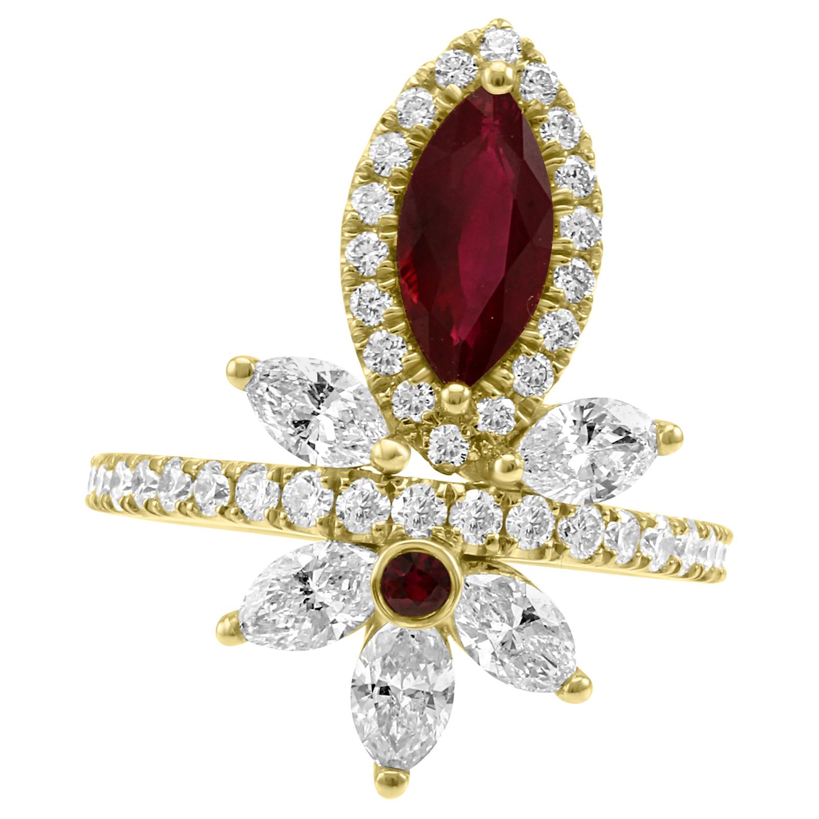 Ruby Marquise Diamond Round Halo Yellow Gold Cocktail Fashion Ring