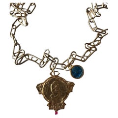 Ruby Medal Chain Necklace Blue Enamel Virgin Mary Vintage J Dauphin