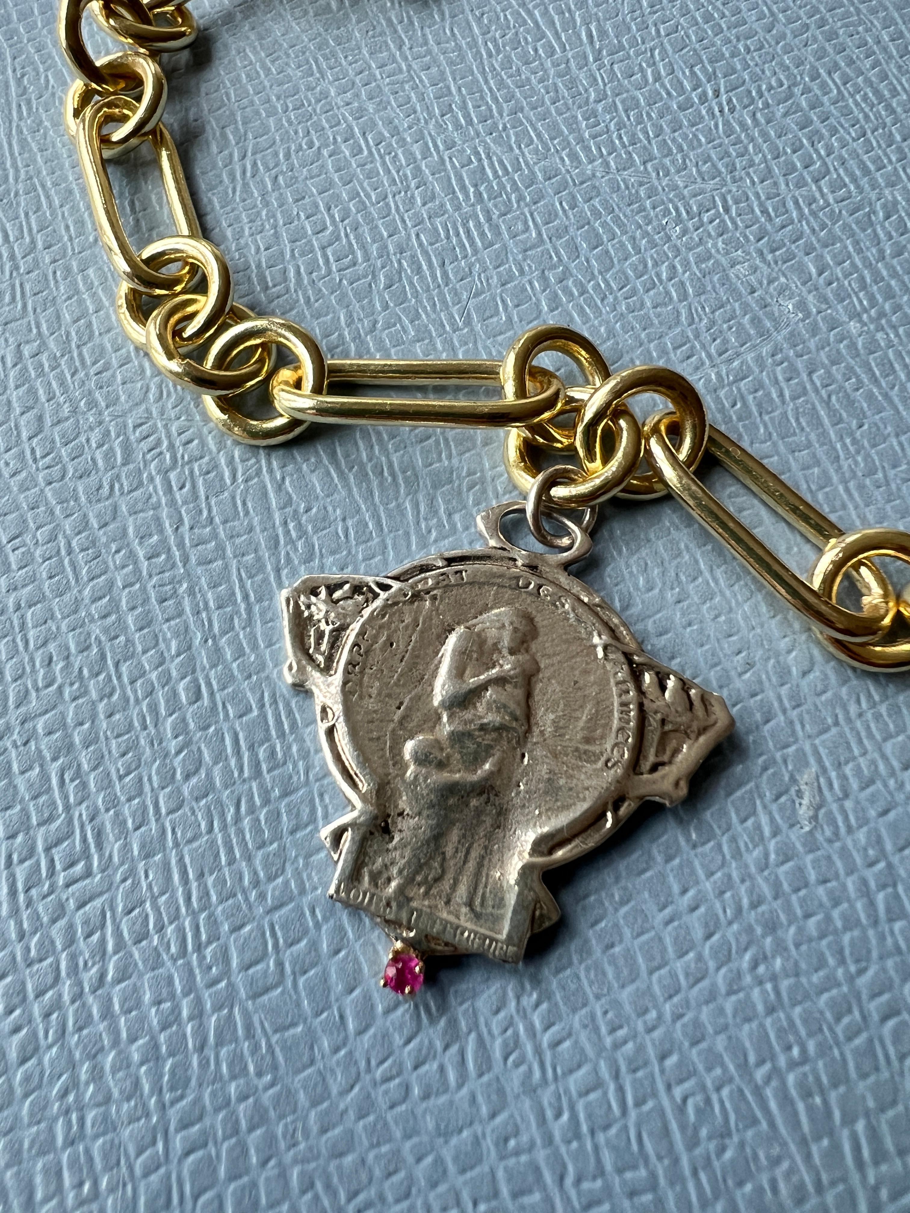 Ruby Medal Chain Necklace  Choker Silver Art Nouveau Style J Dauphin In New Condition In Los Angeles, CA