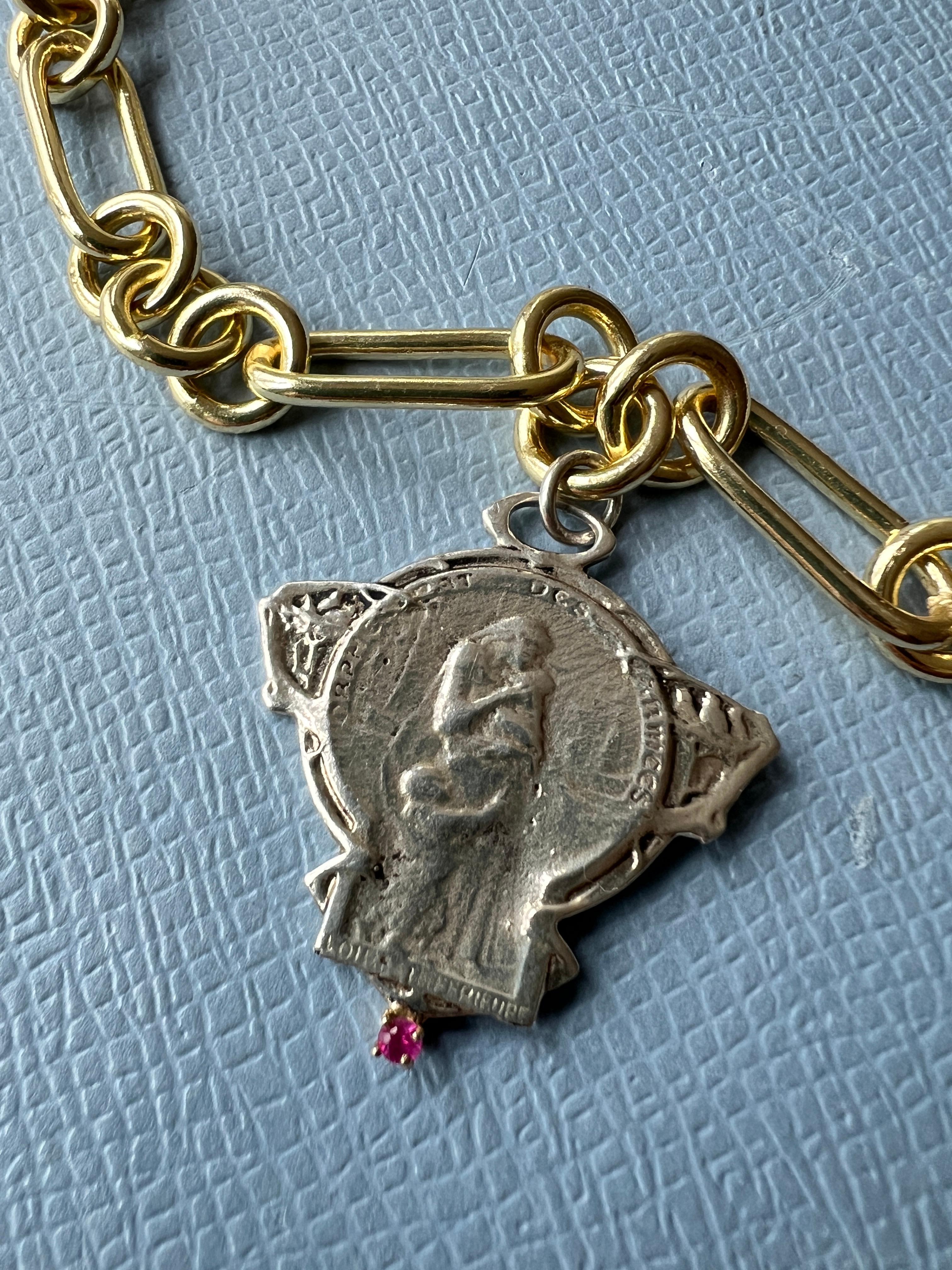 Women's Ruby Medal Chain Necklace  Choker Silver Art Nouveau Style J Dauphin