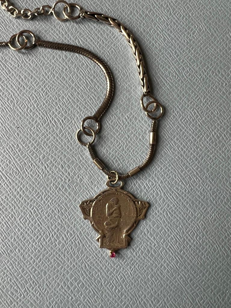 Brilliant Cut Ruby Medal Multi Chain Silver Necklace Art Nouveau Style For Sale