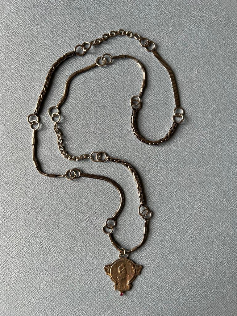 Ruby Medal Multi Chain Silver Necklace Art Nouveau Style In New Condition For Sale In Los Angeles, CA