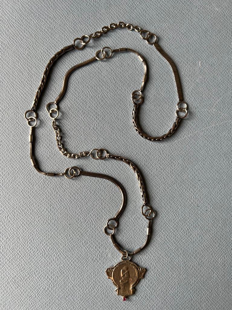 Women's Ruby Medal Multi Chain Silver Necklace Art Nouveau Style For Sale