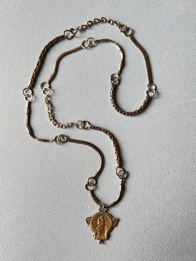 Ruby Medal Multi Chain Silver Necklace Art Nouveau Style For Sale 1