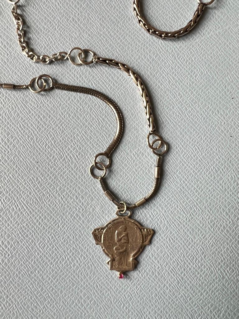 Ruby Medal Multi Chain Silver Necklace Art Nouveau Style For Sale 3