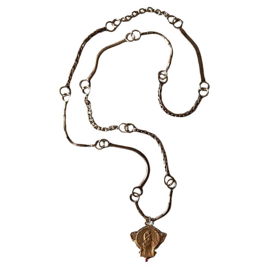 Ruby Medal Multi Chain Silver Necklace Art Nouveau Style