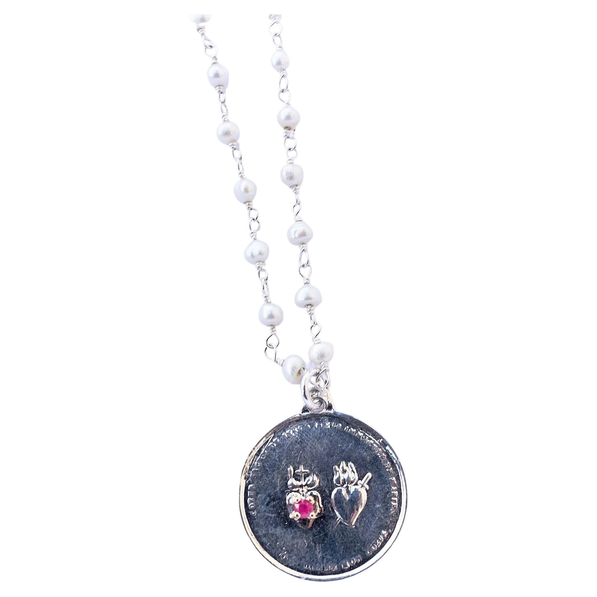 Rubin Medaille Perlenkette Heiliges Herz Silber Kette J Dauphin (Viktorianisch)
