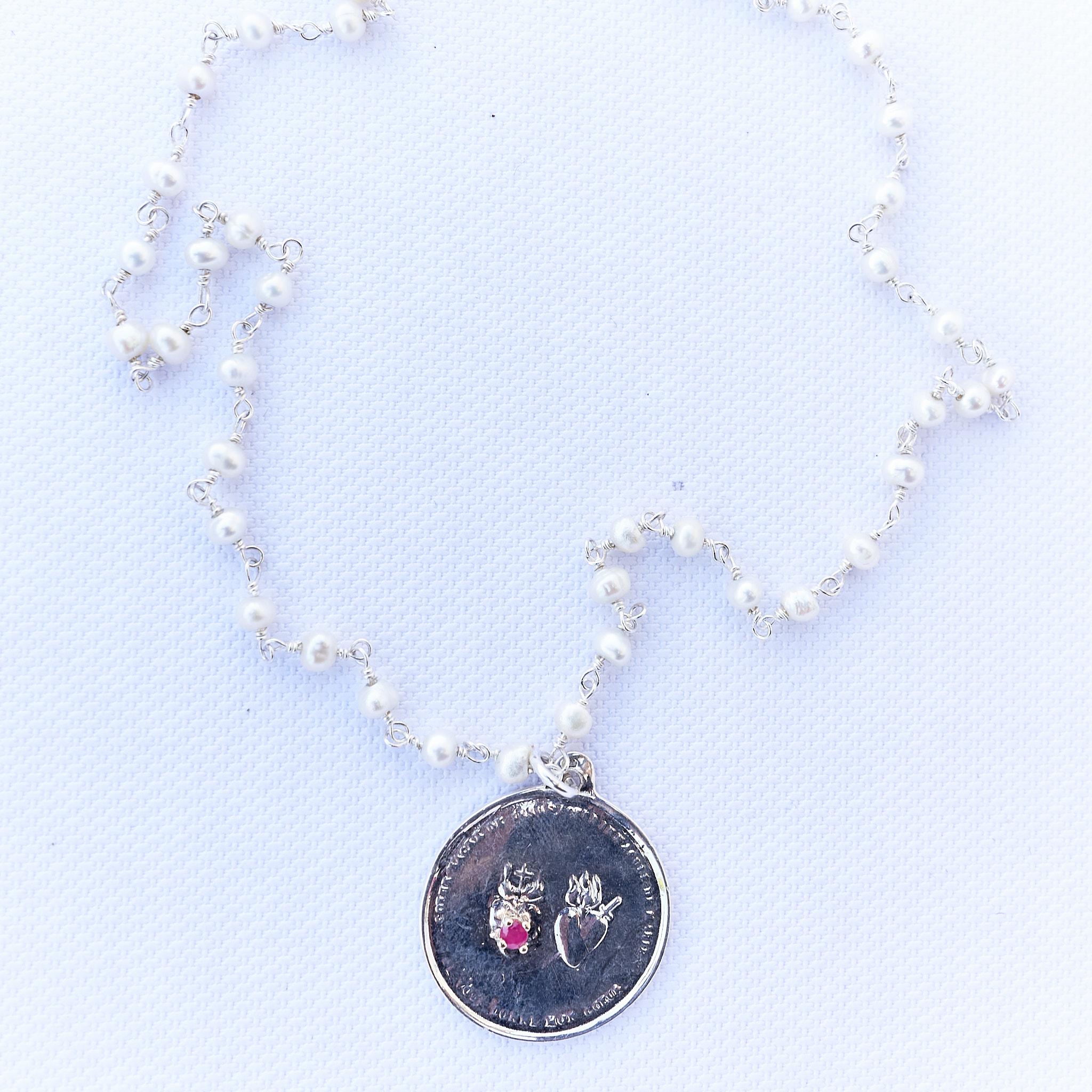 Ruby Medal Pearl Necklace Sacred Heart Silver Chain J Dauphin In New Condition For Sale In Los Angeles, CA