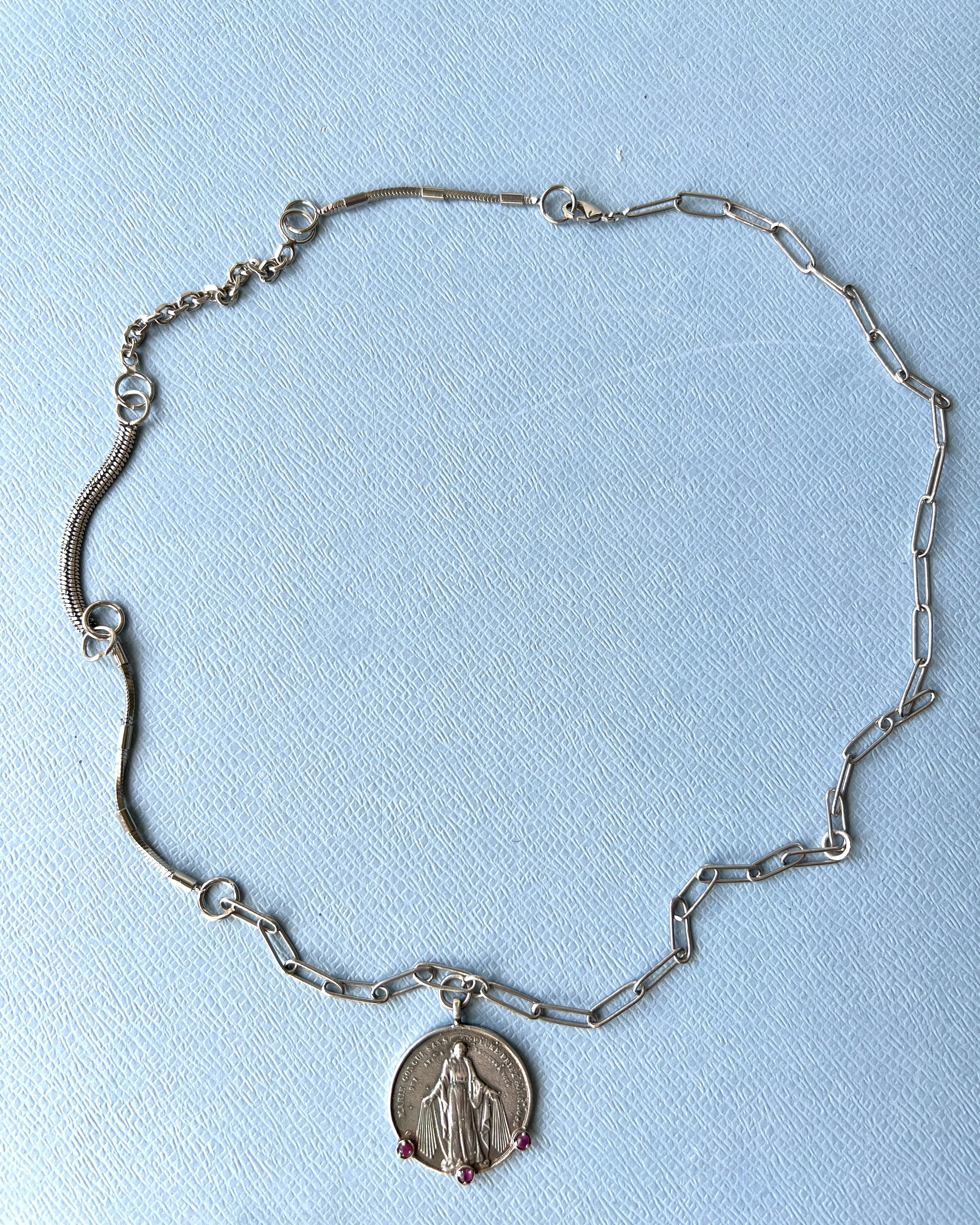 Victorian Ruby Medal Virgin Mary Necklace Silver For Sale
