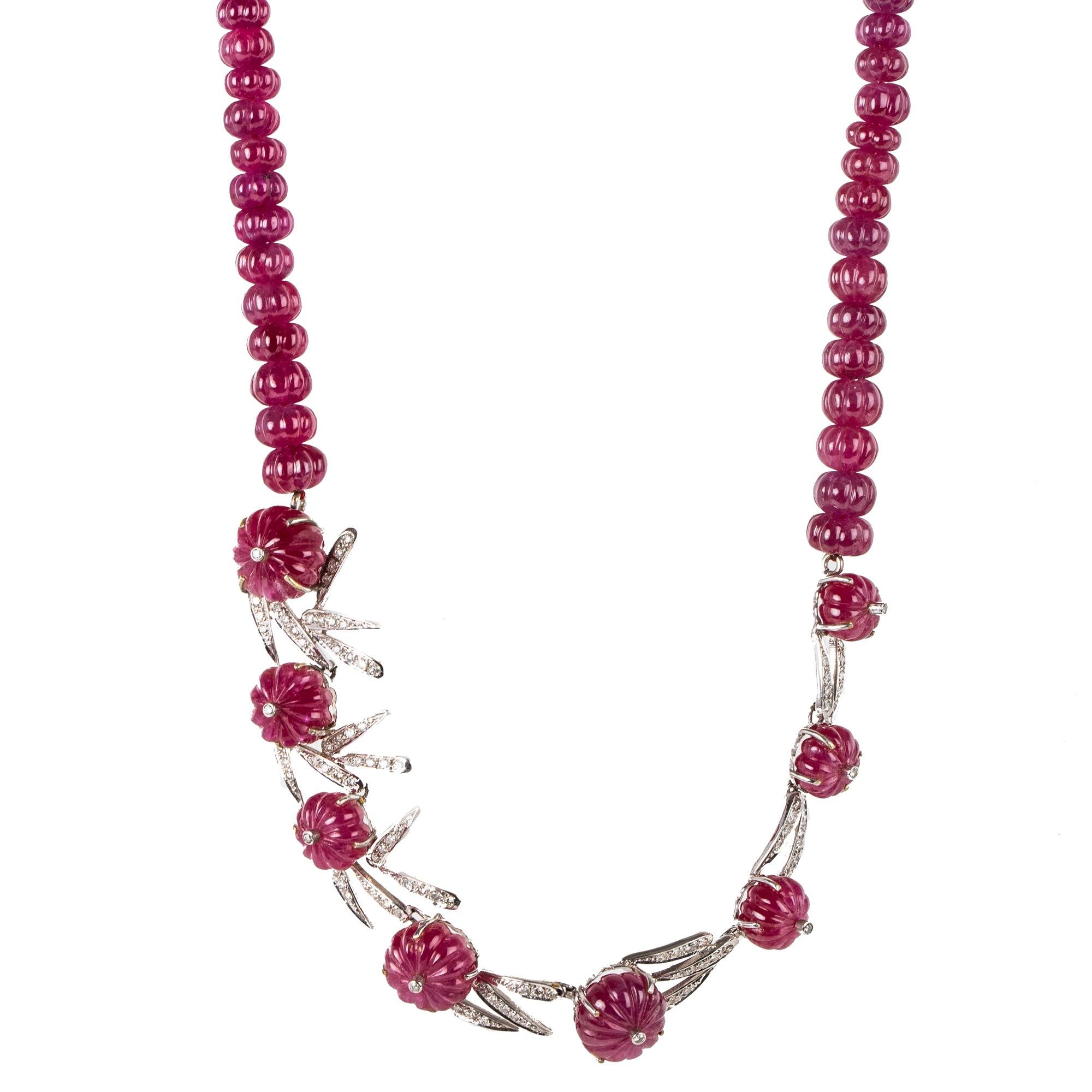 Bead Ruby Melon Carved Necklace with Matching Earrings For Sale