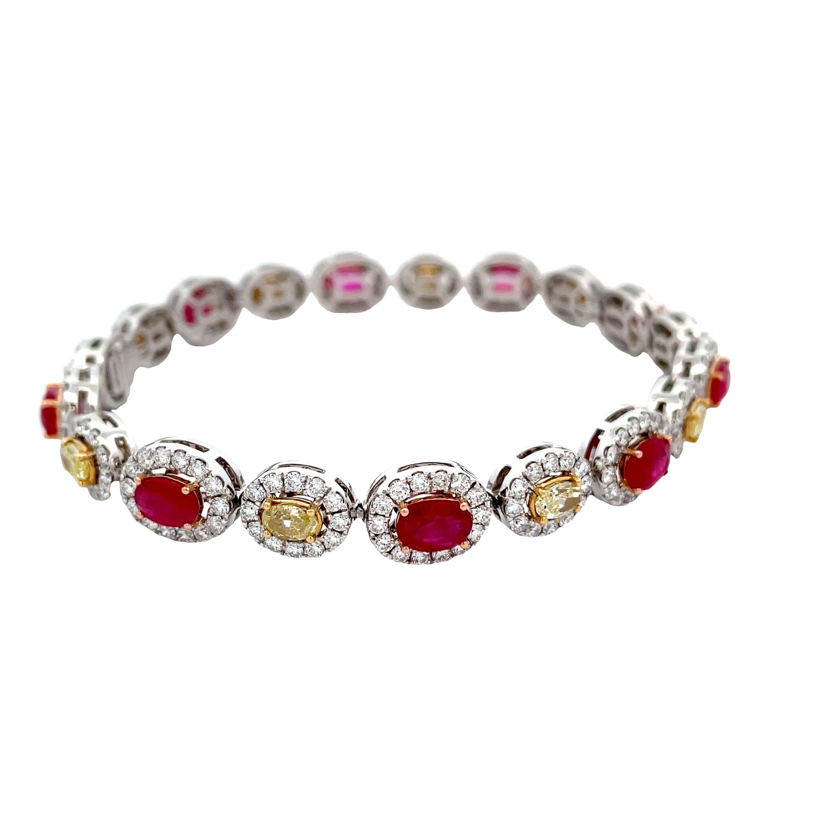 Discover timeless elegance with our 18KR/Y/W Bracelet featuring a captivating mix of gemstones: a 5.08 CT ruby, 3.91 CT white diamonds, and 2.22 CT yellow diamonds, creating a stunning symphony of color and brilliance.