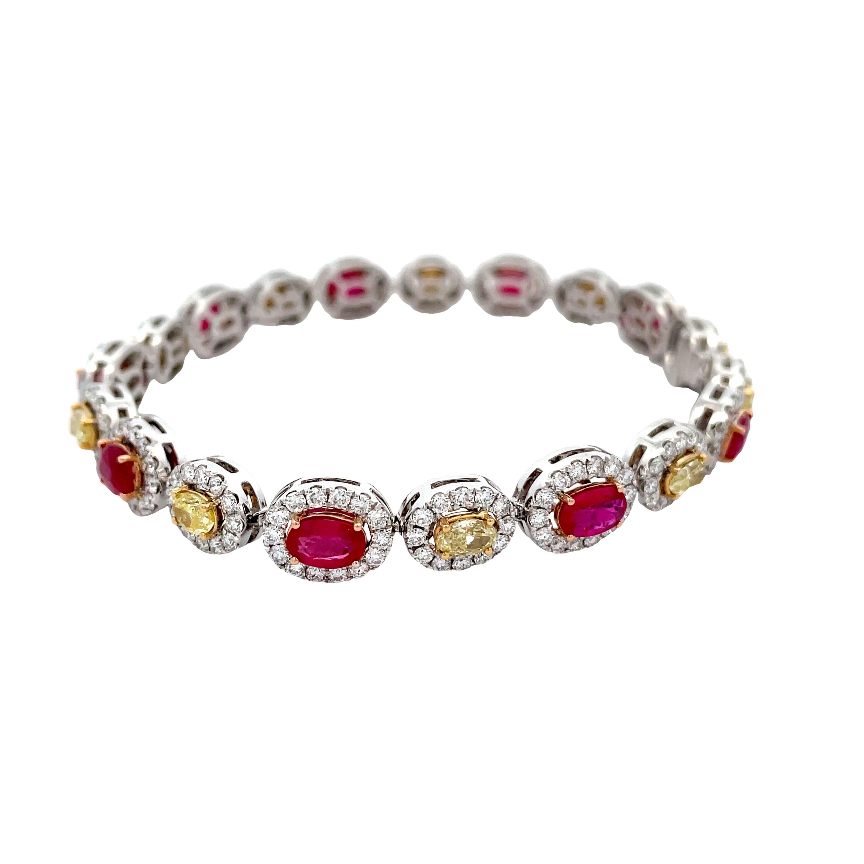 RUBY MIX 5.08 CT White Diamond Round 3.91 CT Yellow Diamond 18KR/Y/W BRACELET  In New Condition For Sale In New York, NY