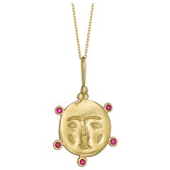 Ruby Moon Face Pendant Necklace, 18 Karat Yellow Gold