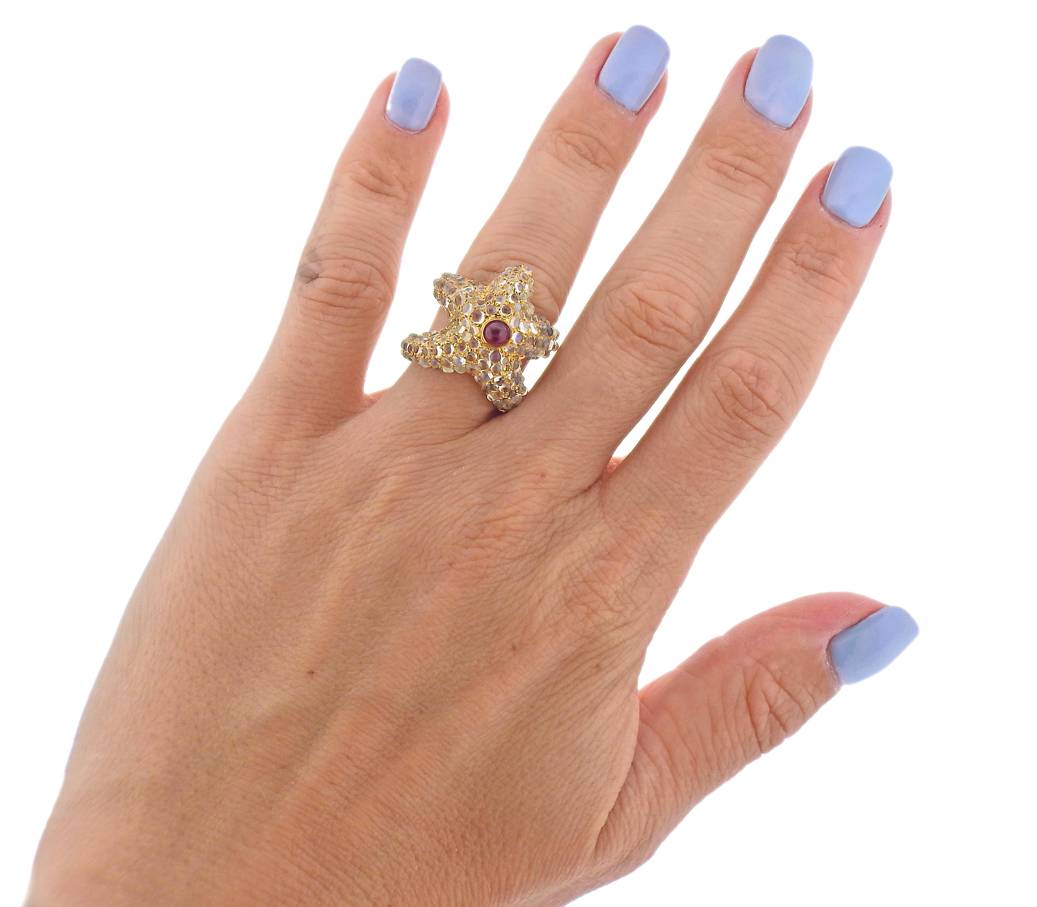 Women's Ruby Moonstone Gold Starfish Ring
