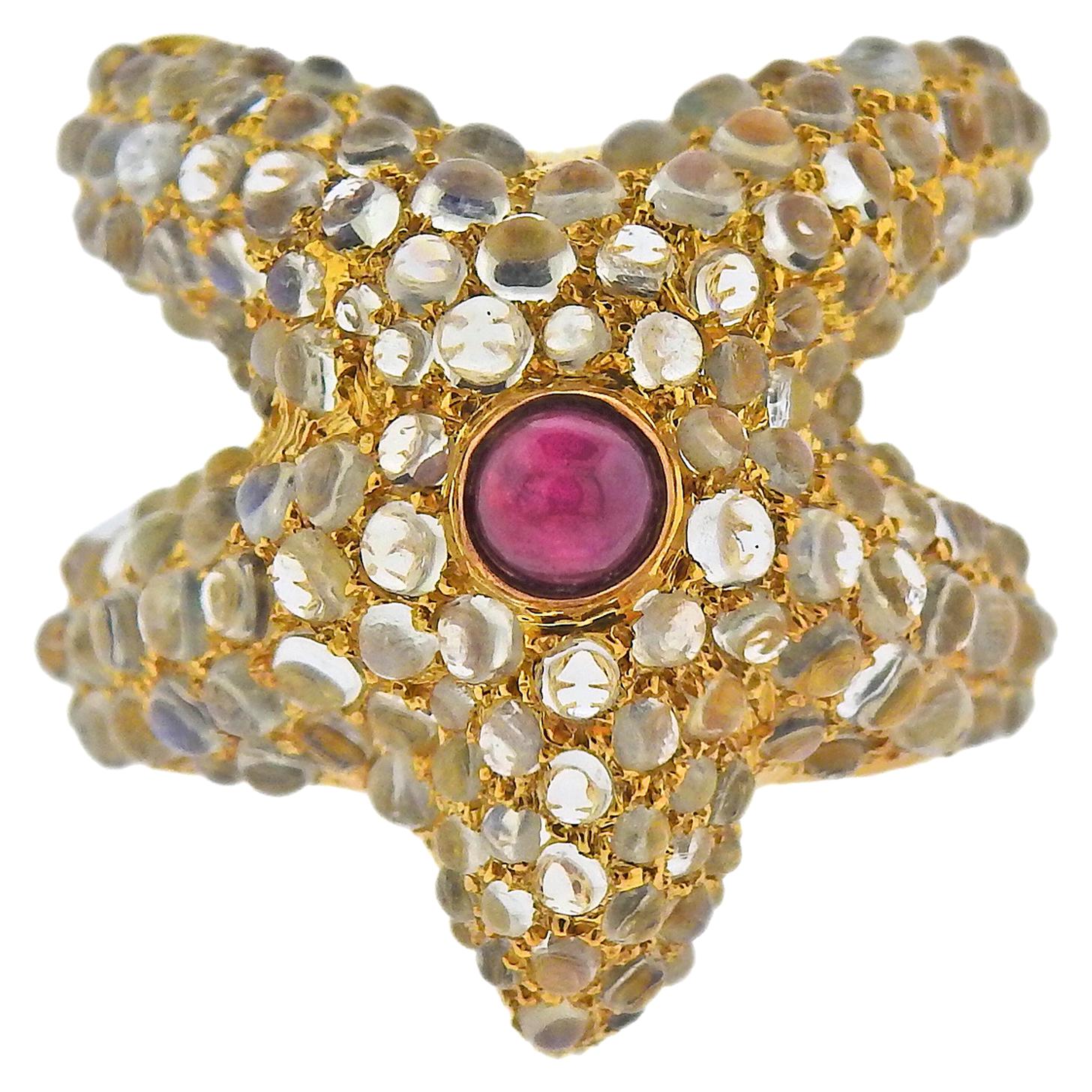 Ruby Moonstone Gold Starfish Ring