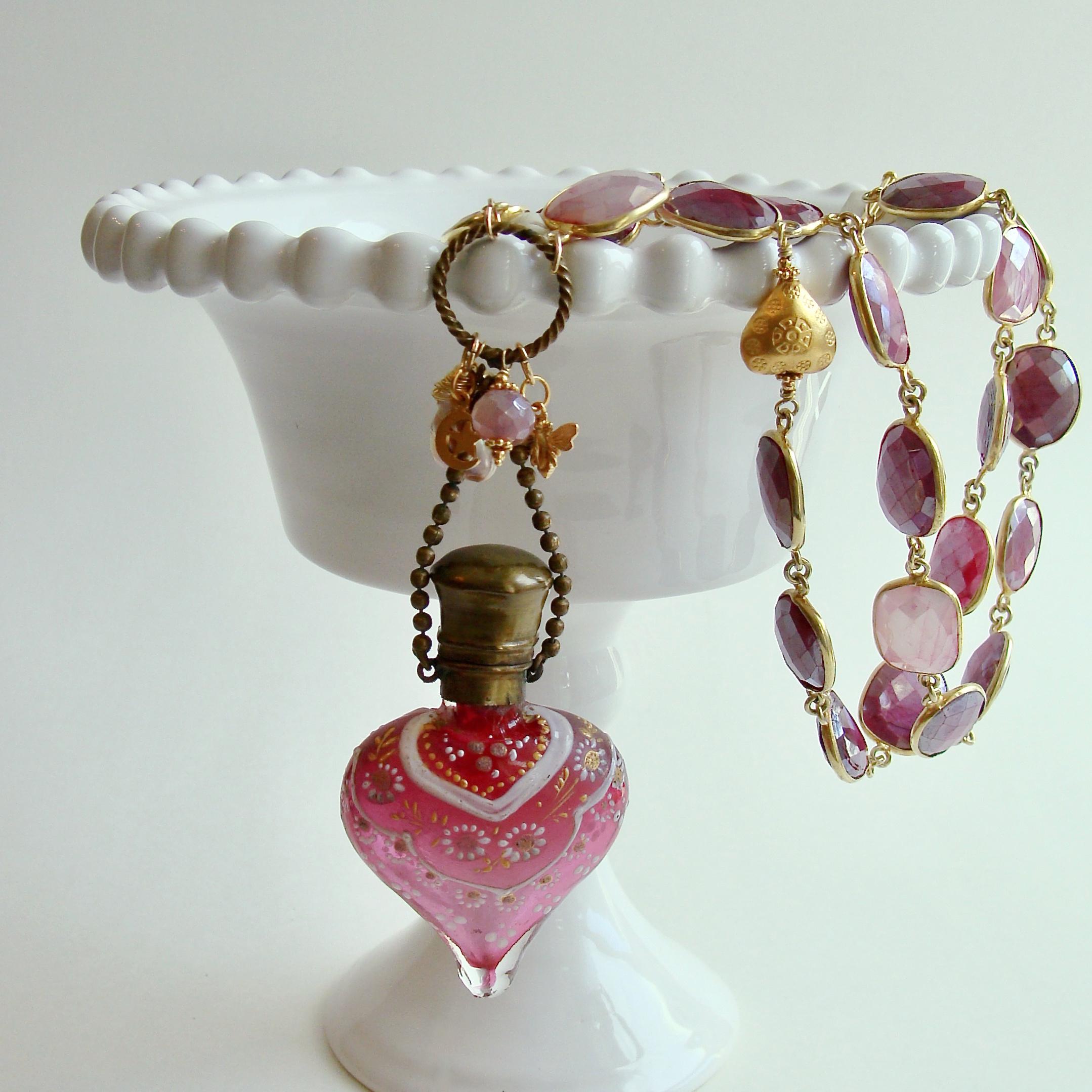 Mixed Cut Ruby Moonstone with Glass Moser Chatelaine Heart Scent Bottle, La Vie En Rose For Sale