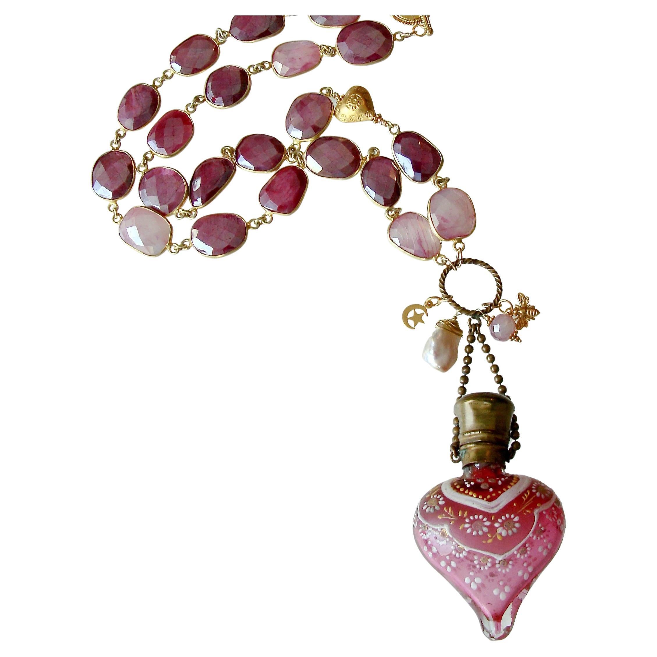 Ruby Moonstone with Glass Moser Chatelaine Heart Scent Bottle, La Vie En Rose For Sale