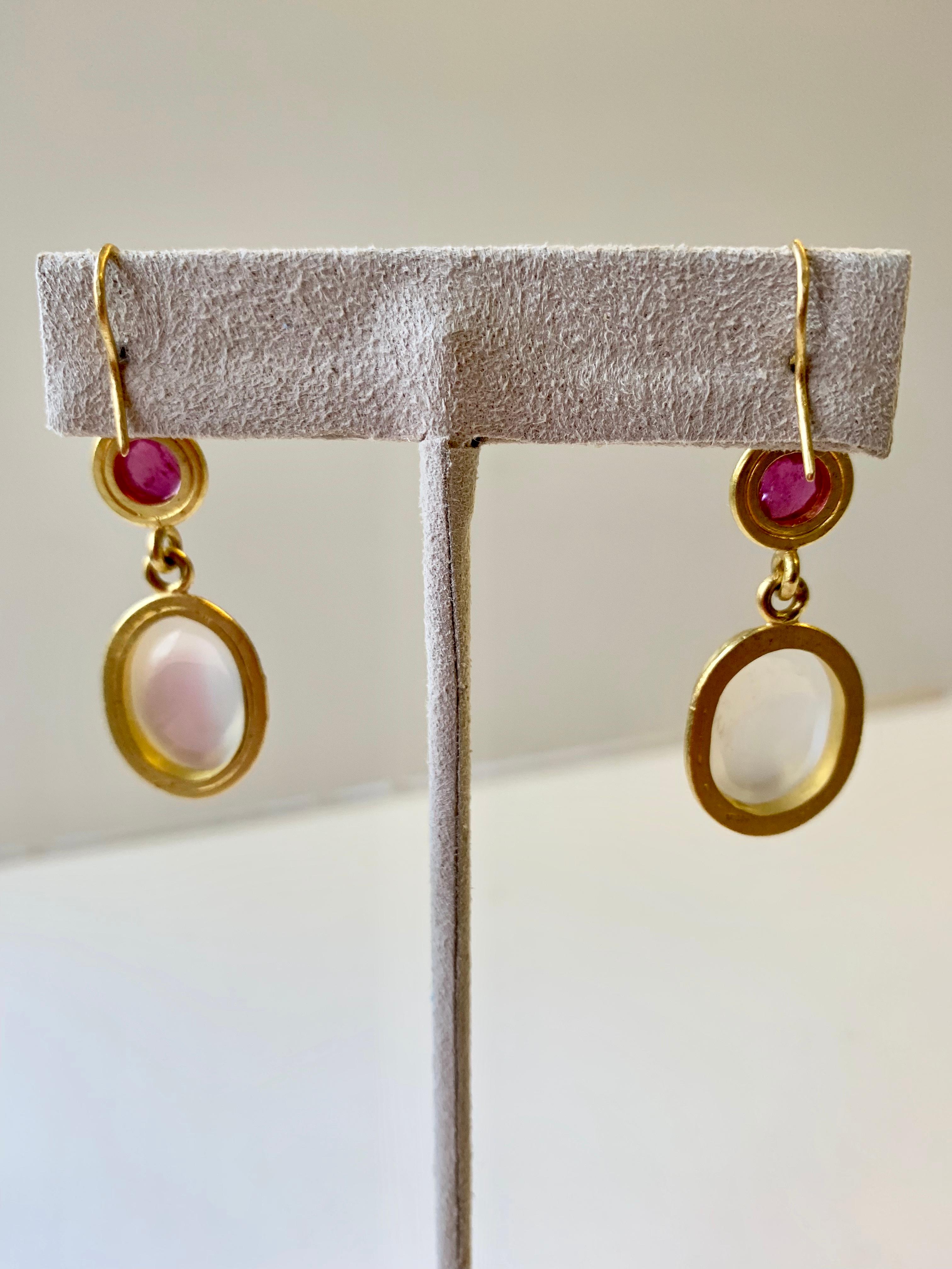Artist Ruby & Moonstone Yellow Gold 22 Karat Gold Dangle Earrings For Sale