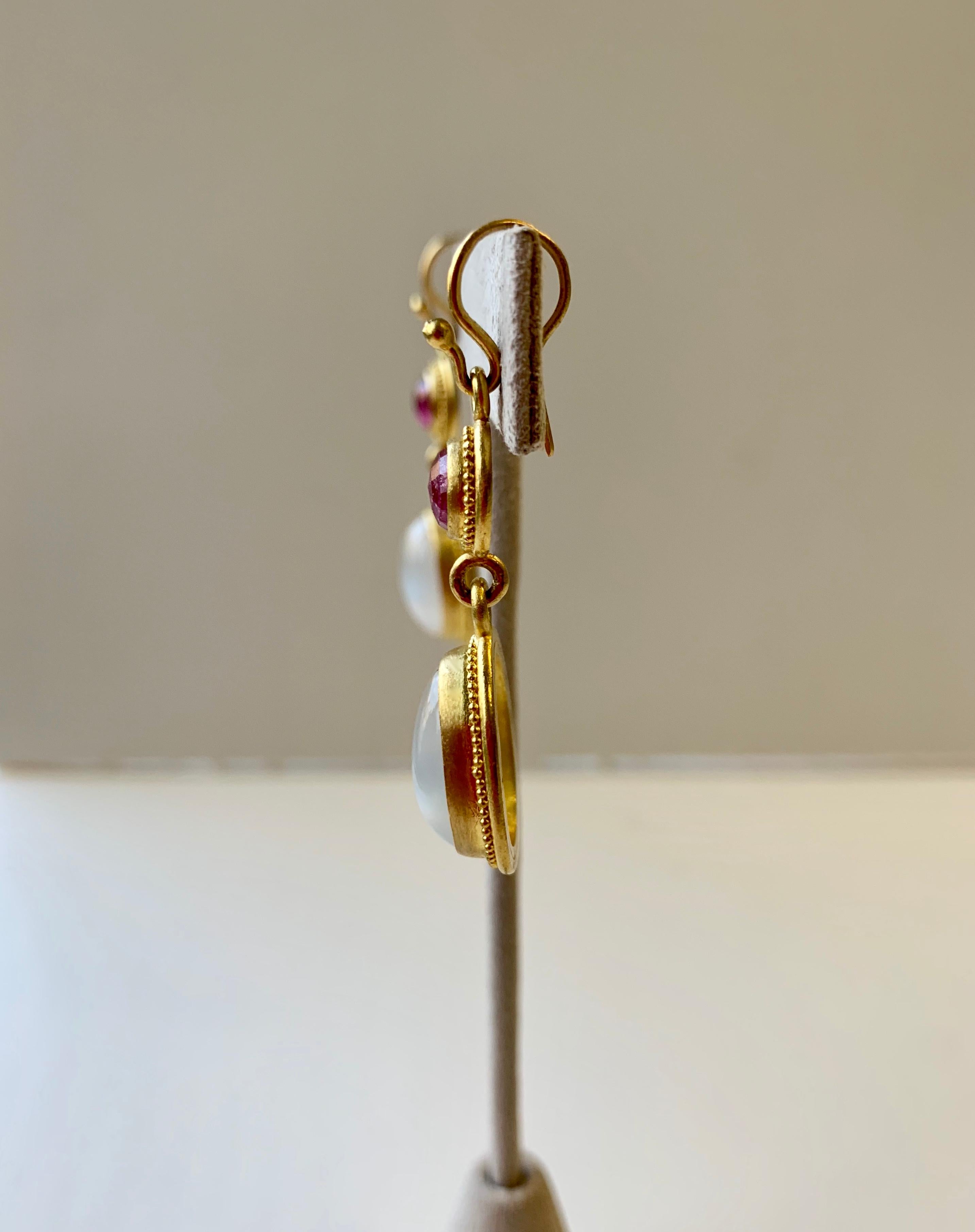 Rose Cut Ruby & Moonstone Yellow Gold 22 Karat Gold Dangle Earrings For Sale