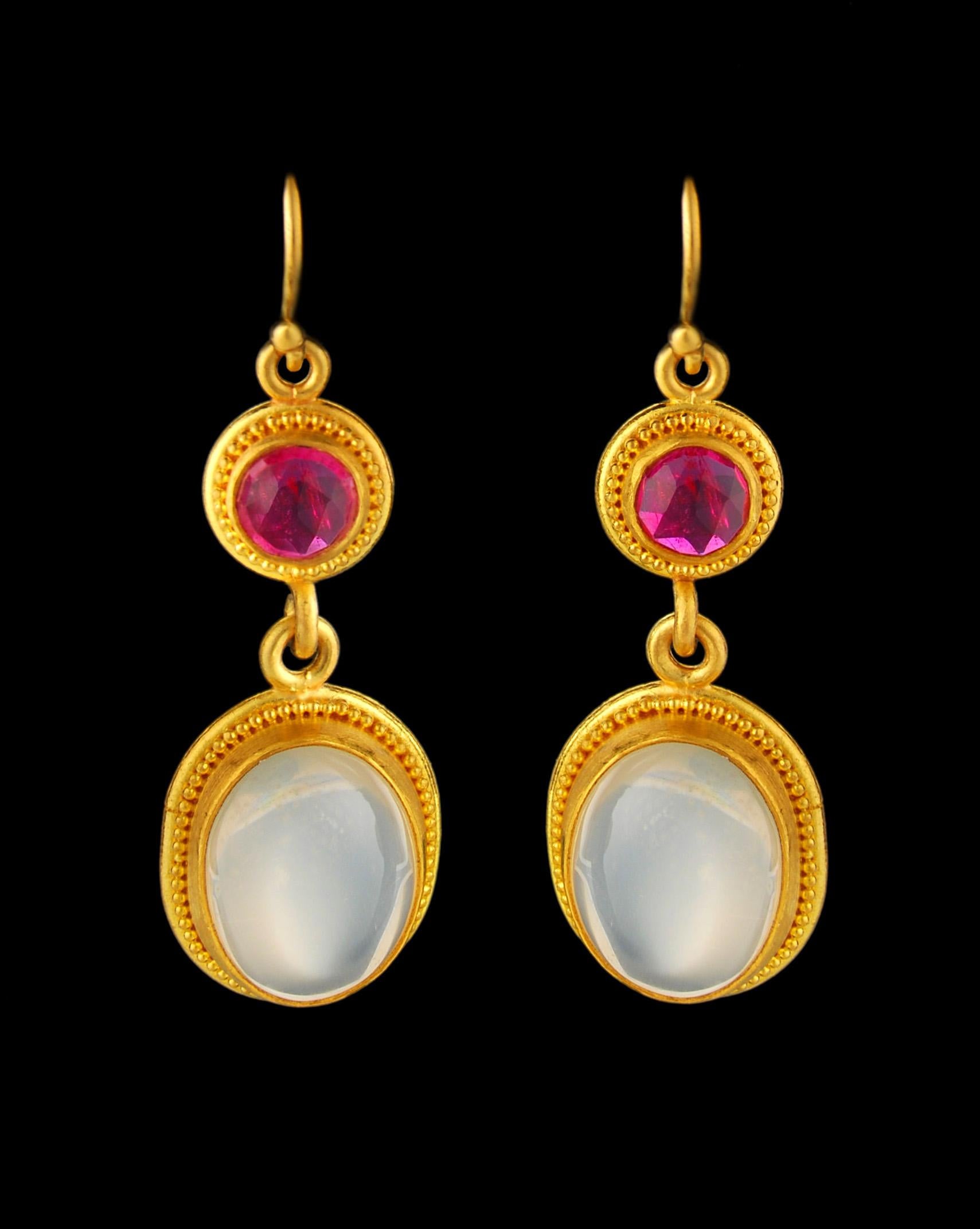 Ruby & Moonstone Yellow Gold 22 Karat Gold Dangle Earrings In New Condition For Sale In New York, NY