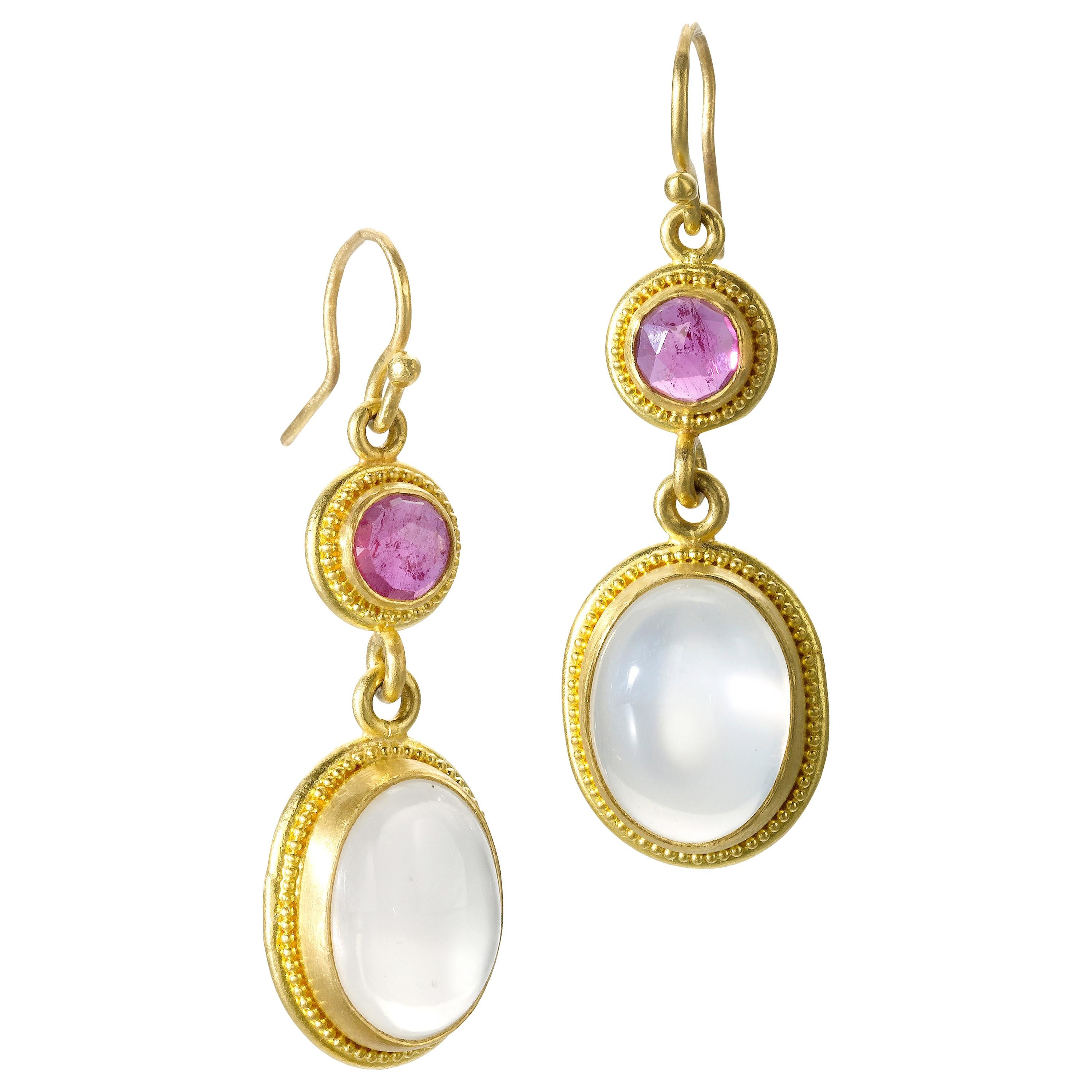 Ruby & Moonstone Yellow Gold 22 Karat Gold Dangle Earrings