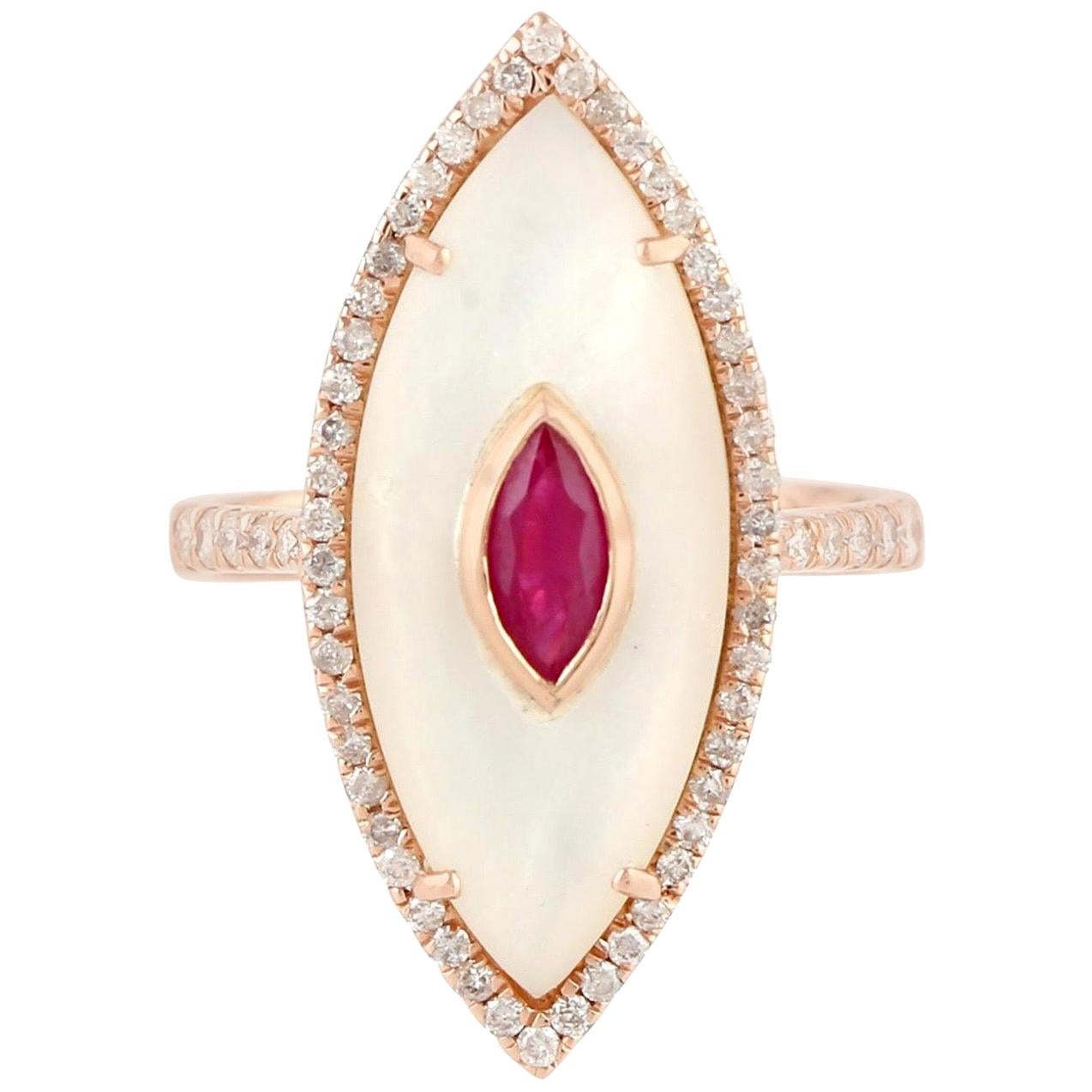 For Sale:  Ruby Mother of Pearl Diamond 18 Karat Cocktail Ring