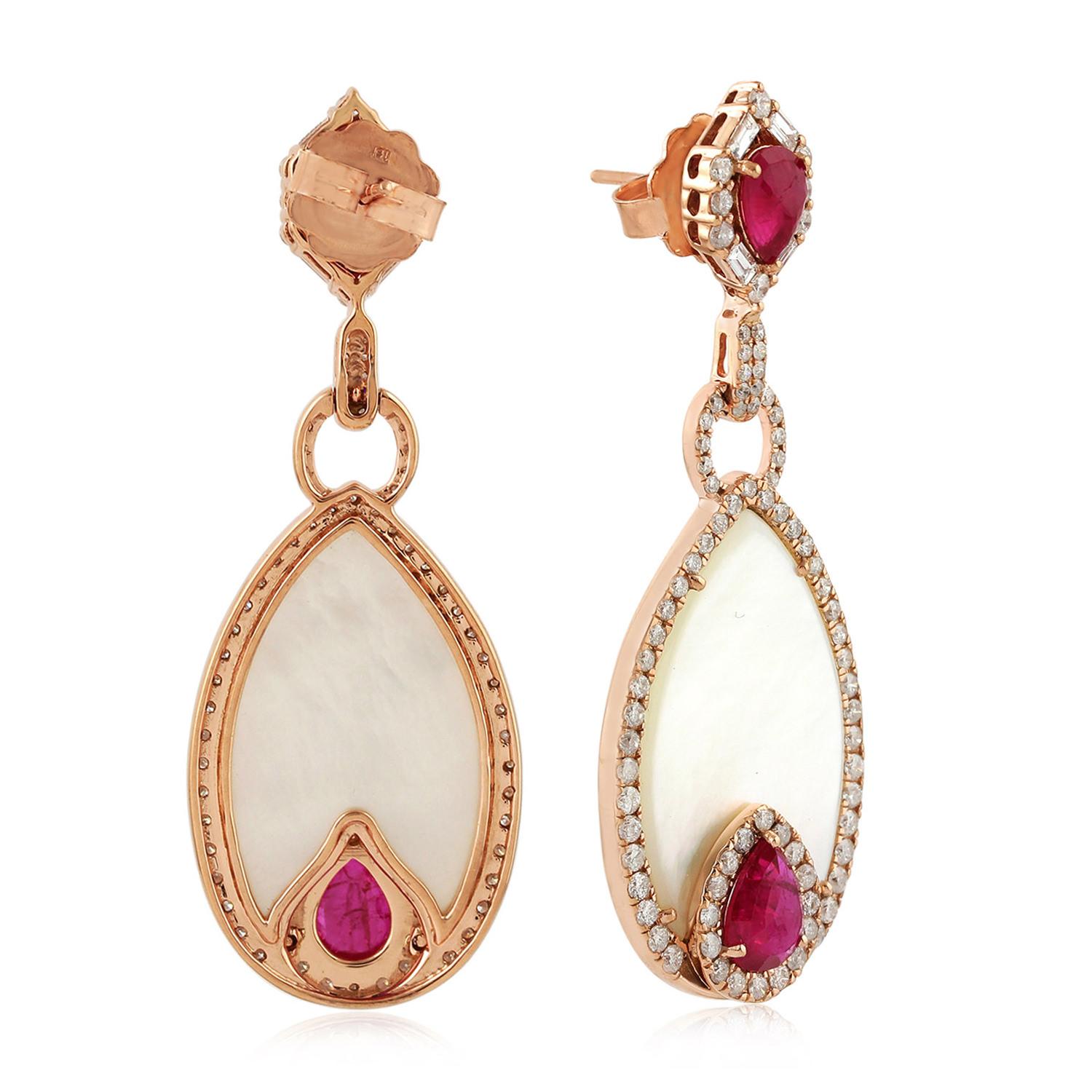Modern Ruby Mother of Pearl Diamond 18 Karat Gold Earrings For Sale