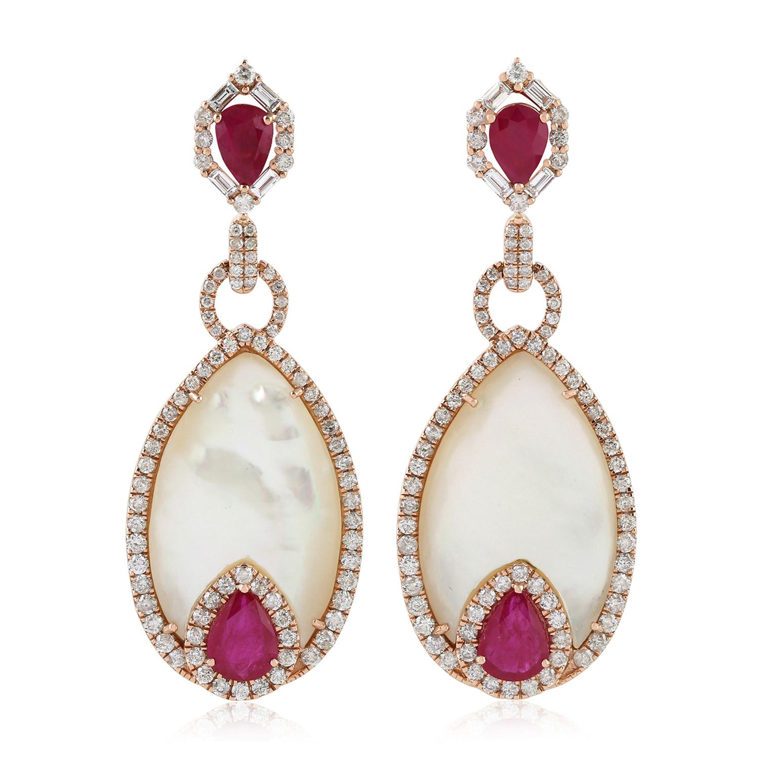 Mixed Cut Ruby Mother of Pearl Diamond 18 Karat Gold Earrings For Sale