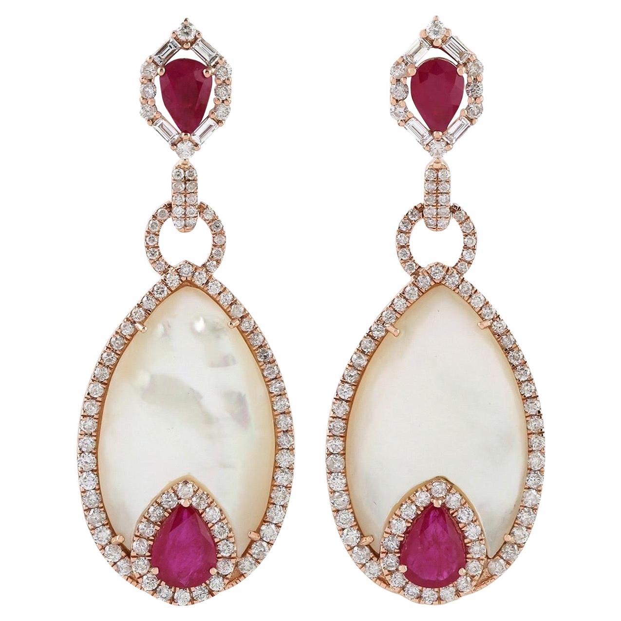 Ruby Mother of Pearl Diamond 18 Karat Gold Earrings For Sale