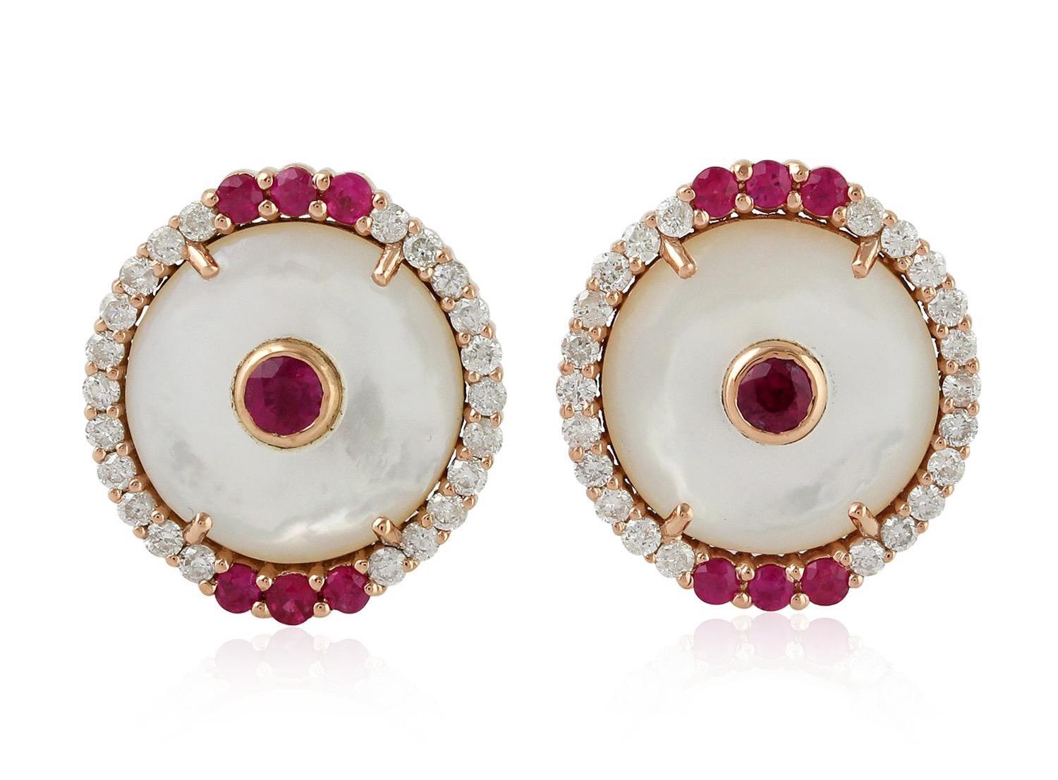 Round Cut Ruby Mother of Pearl Diamond 18 Karat Gold Round Stud Earrings For Sale