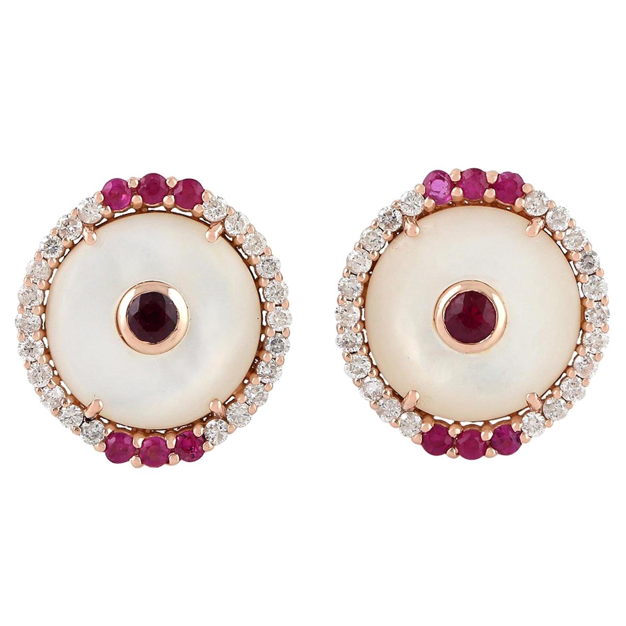 Ruby Mother of Pearl Diamond 14 Karat Gold Round Stud Earrings For Sale