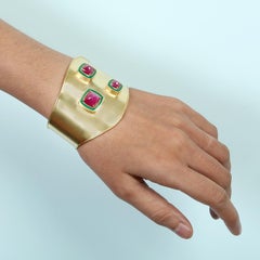 Sugarloaf Mozambique Ruby Mounted Cuff Bracelet With Green Enamel In 18k Gold
