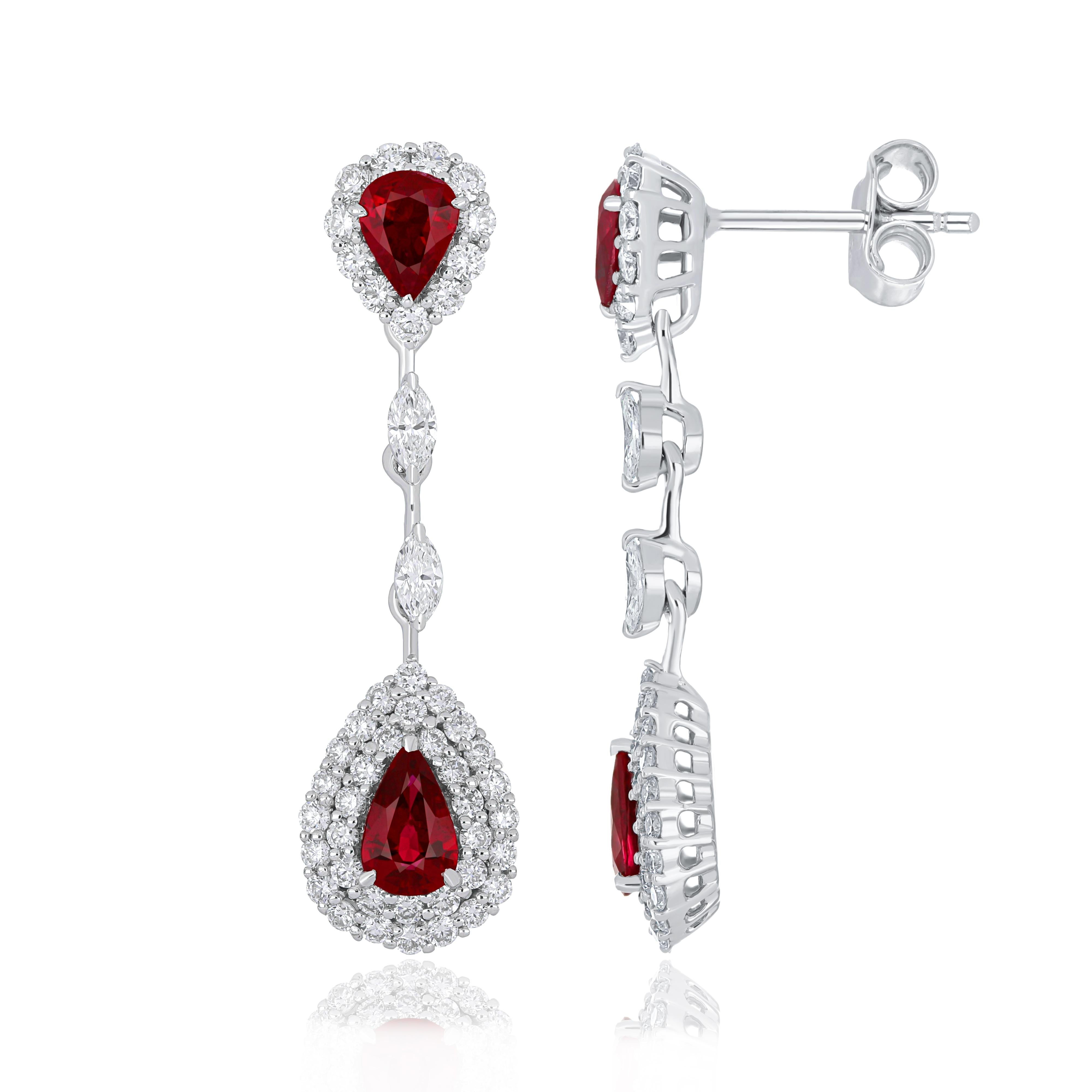 Pear Cut Ruby Mozambique and Diamond Earring 18 Karat White Gold For Sale